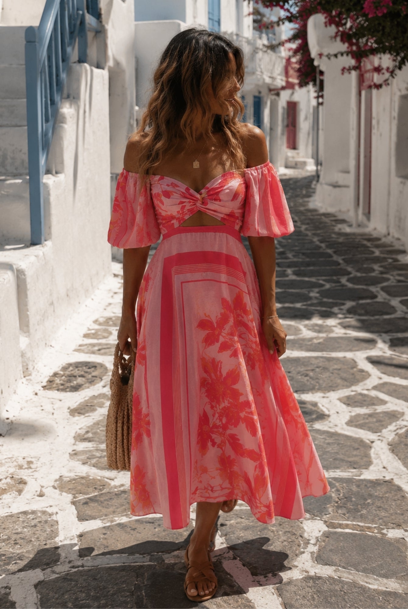 Women's pink floral linen midi dress, the Bella Dress in Pink Floral by Esther & Co