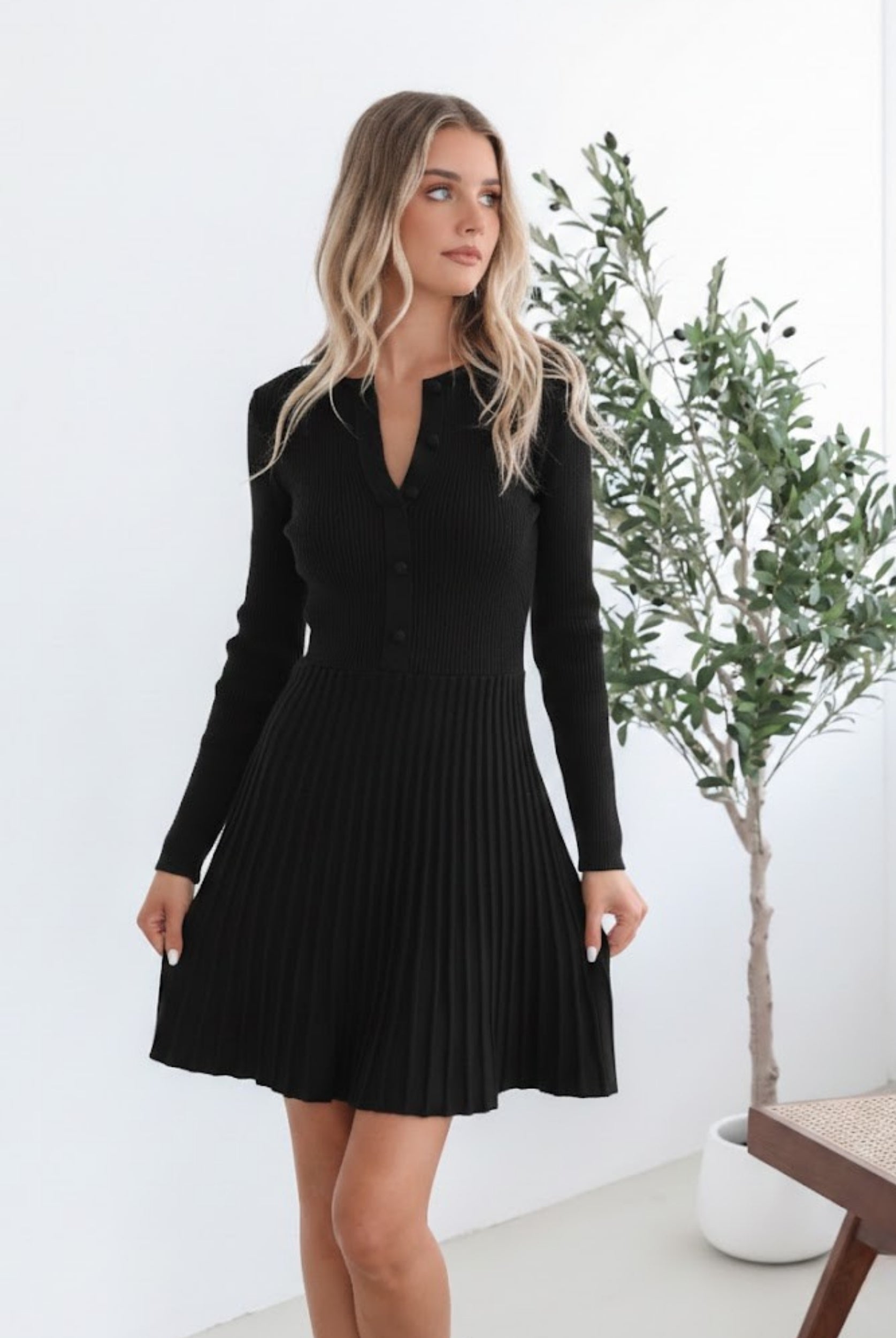 Marifi Knit Dress in Black black ribbed knit bodice with pleated midi skirt full length