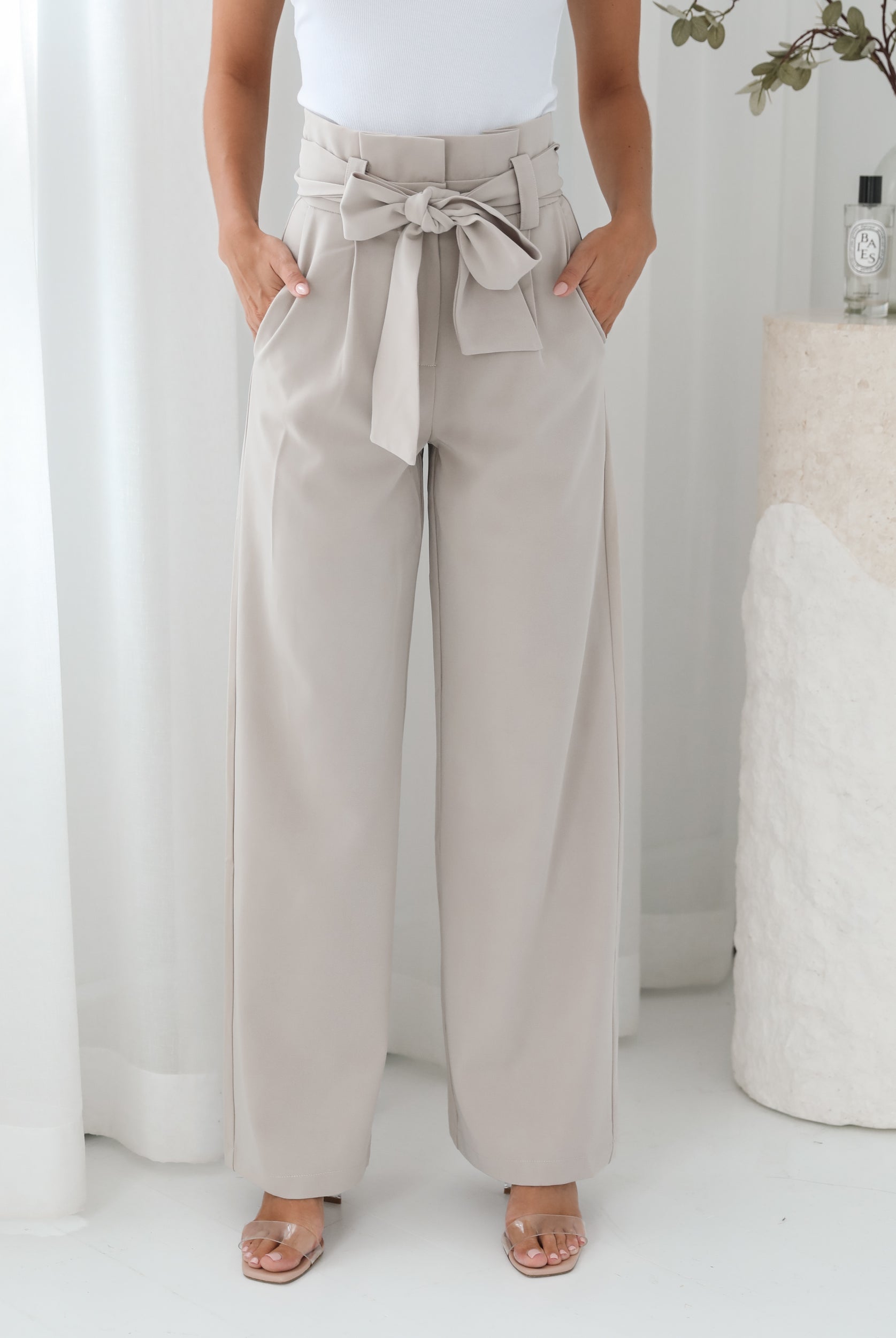 Alma Pants in Beige neutral beige wide leg pants full length view
