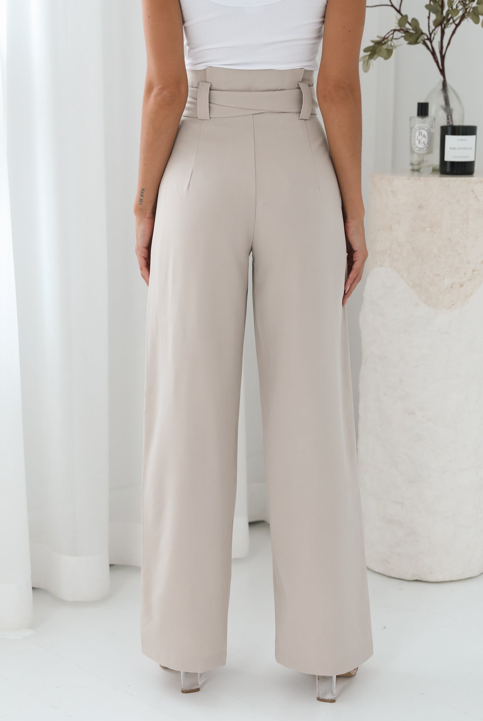 Alma Pants in Beige womens beige wide leg trousers styled outfit