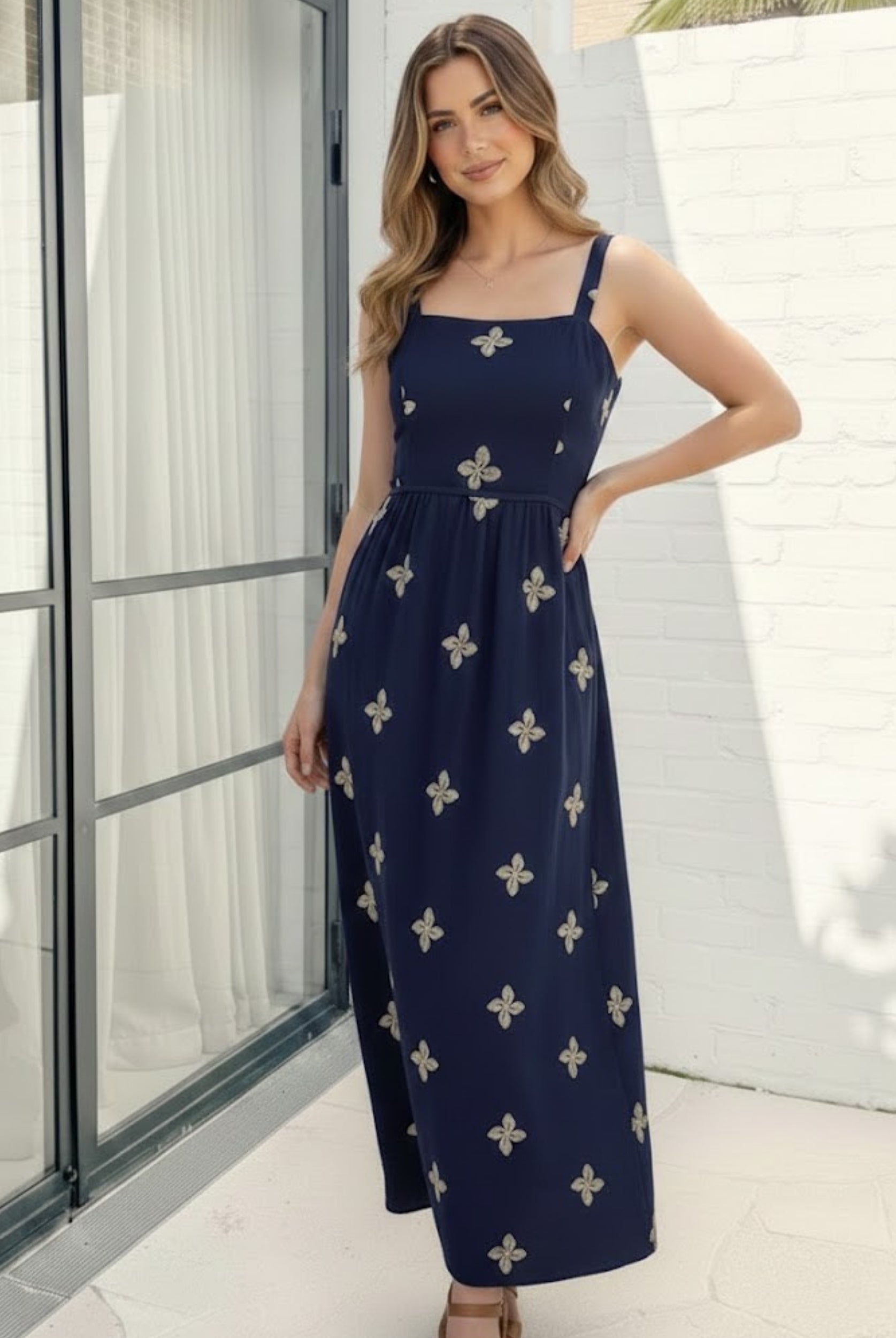 Women's navy print maxi dress side view by Esther & Co