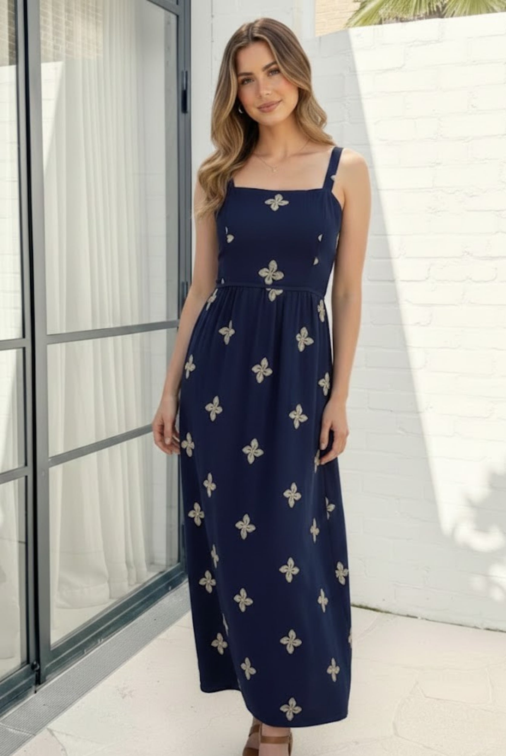 Women's navy floral print maxi dress, the Atasha Navy Print Dress by Esther & Co