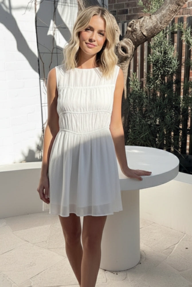 Women's white shirred mini dress, the Ilyra White Dress by Esther & Co