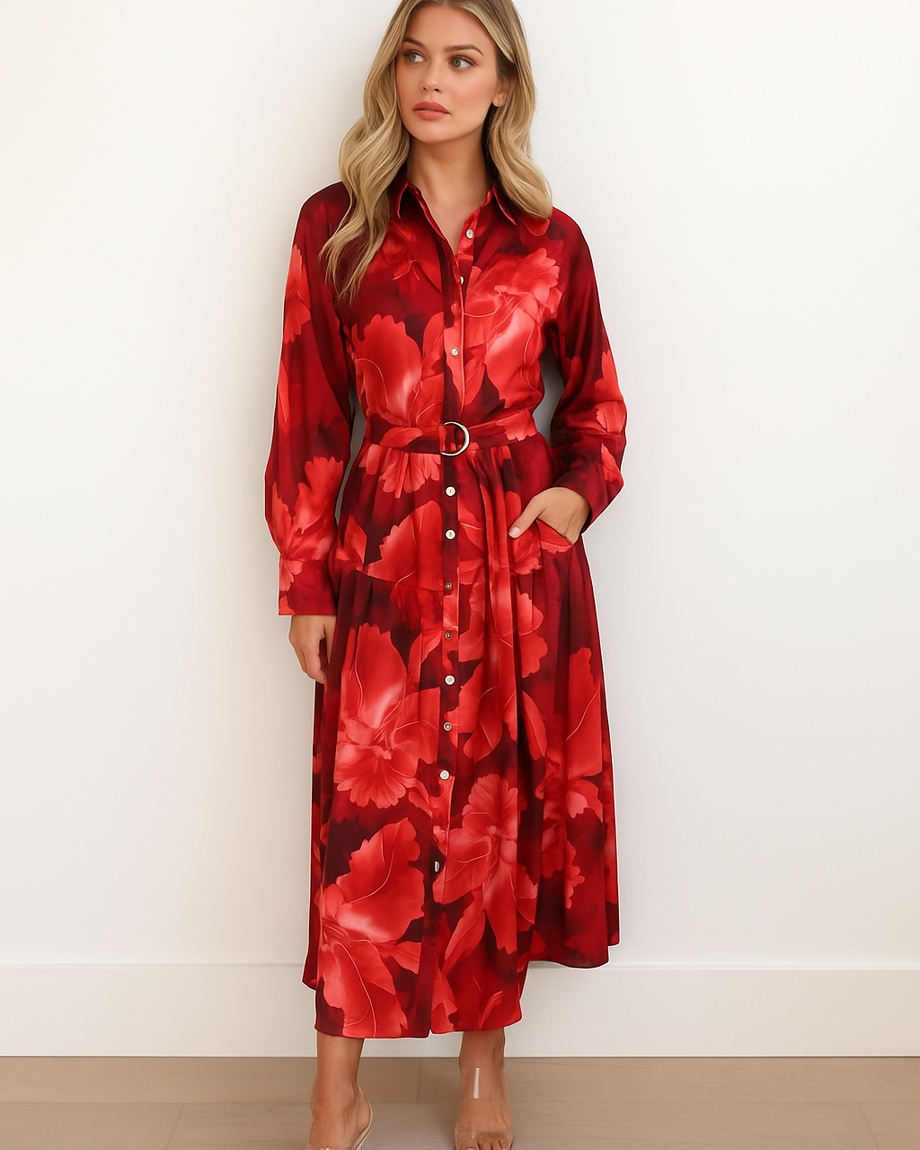 Woman wearing a red floral dress against a white background