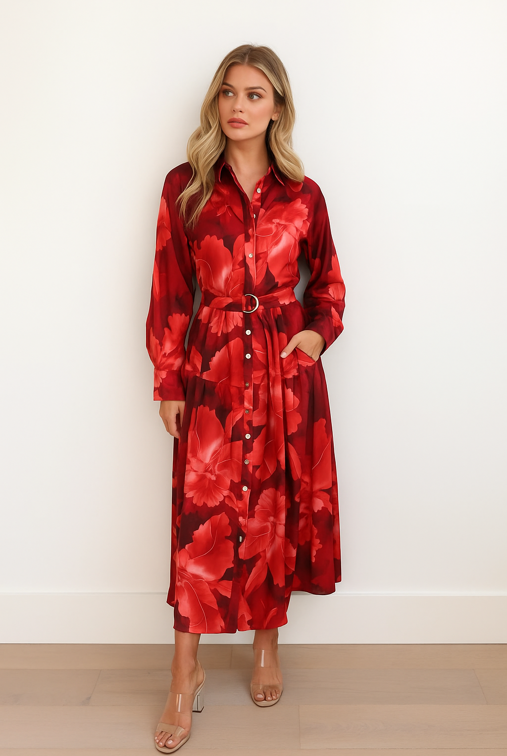 Woman wearing a red floral dress against a white background