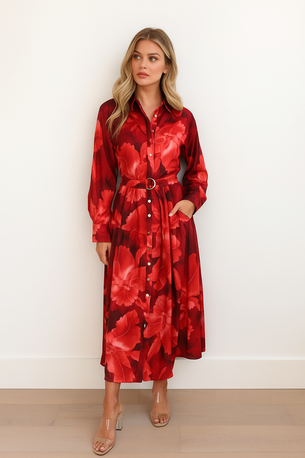 Woman wearing a red floral dress against a white background