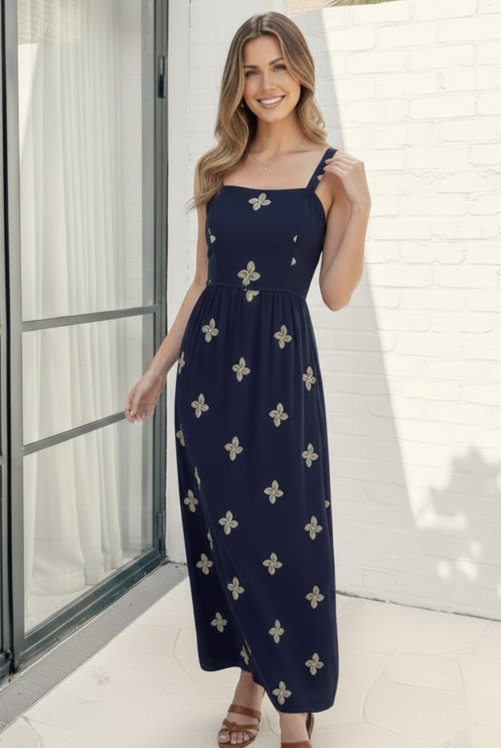 Women's navy floral print maxi dress full length view by Esther & Co