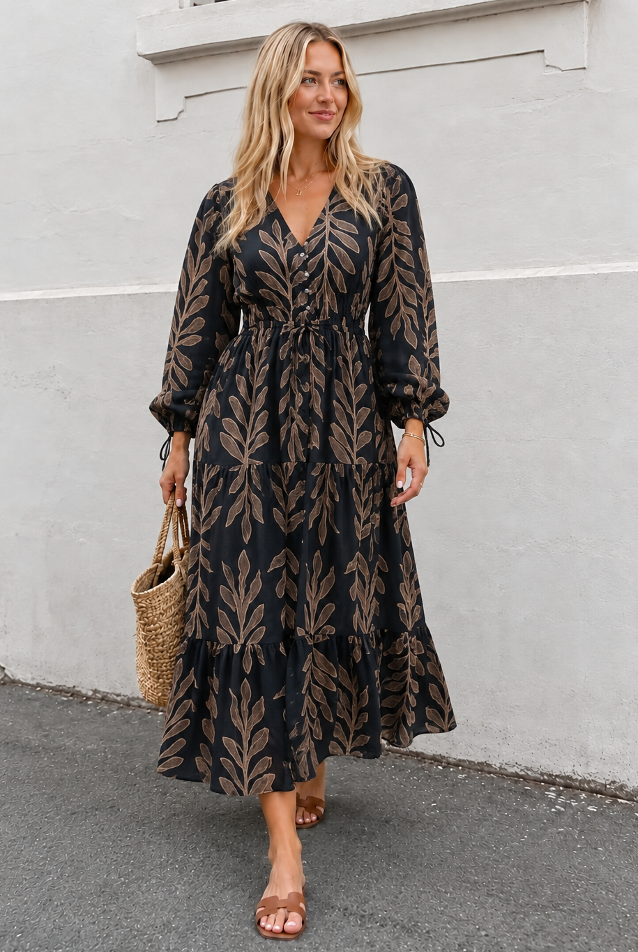 Women's black floral print midi dress with pleated neckline, the Rosenthal Dress in Black Flora by Esther & Co