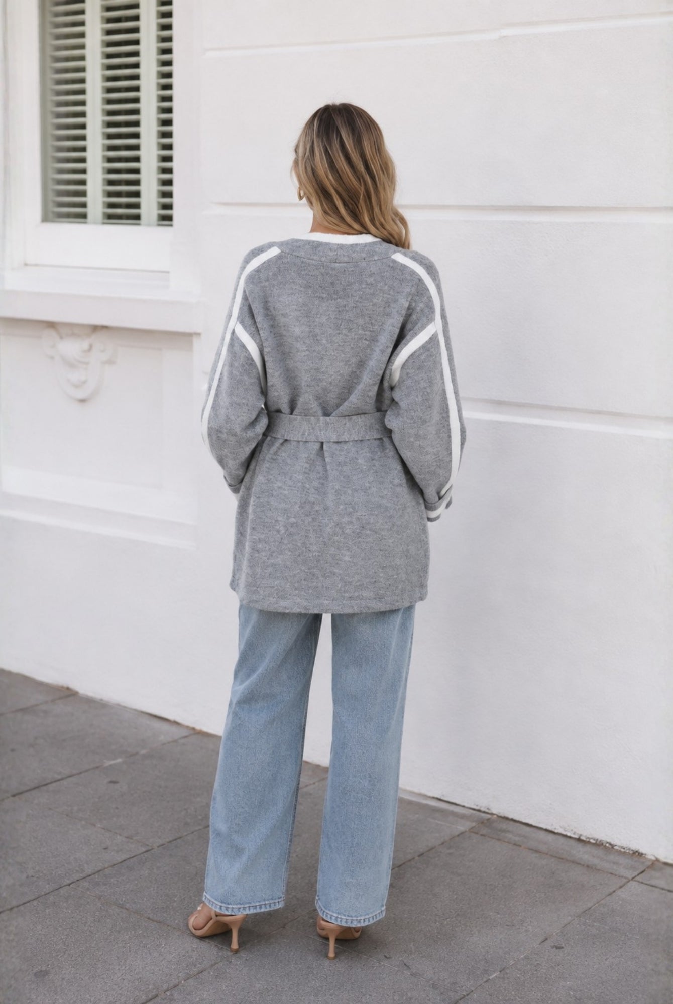 Women's grey print coatigan side view, the Adelle Coatigan in Grey Print by Esther & Co