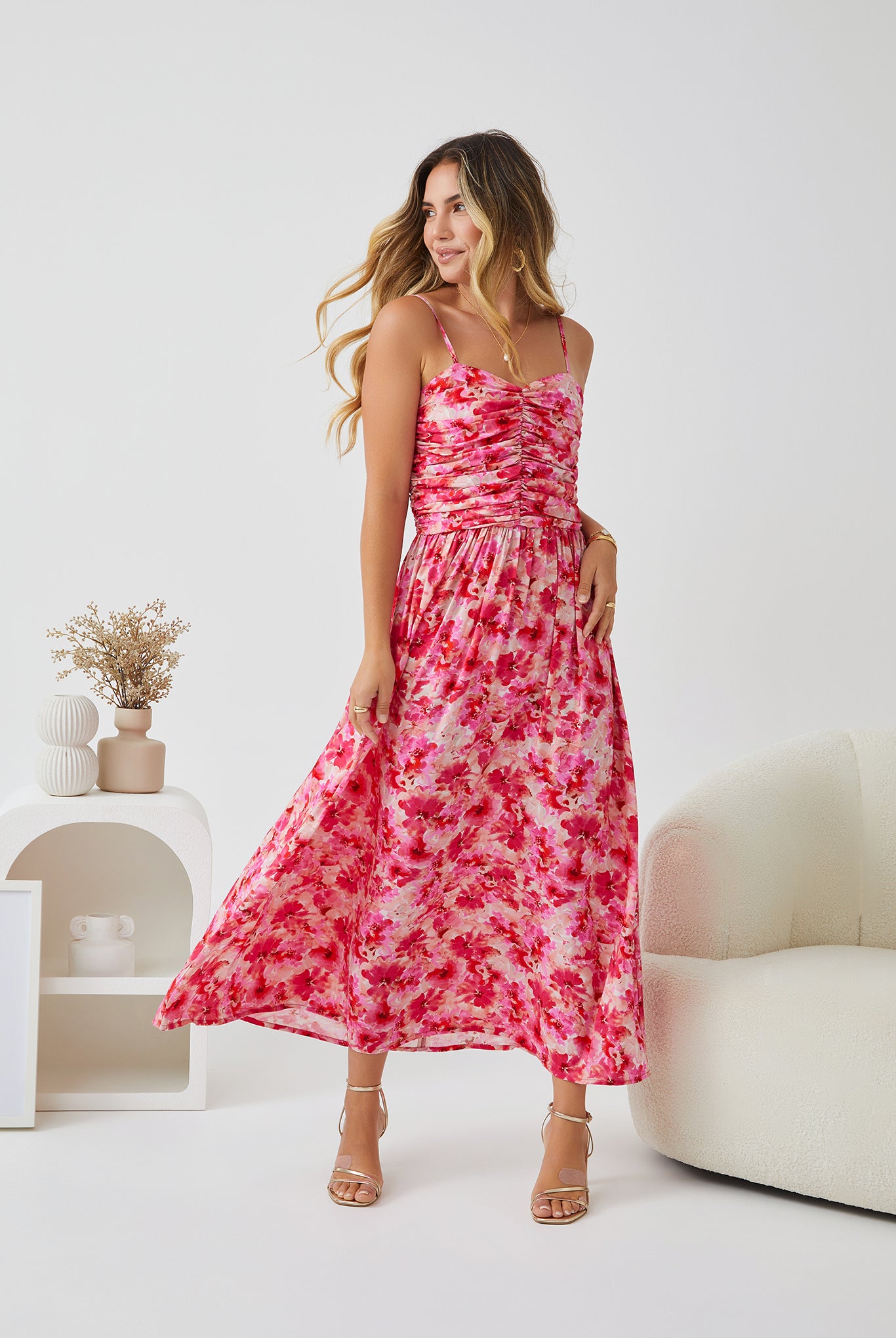 Women's blush floral print dress front view by Esther & Co