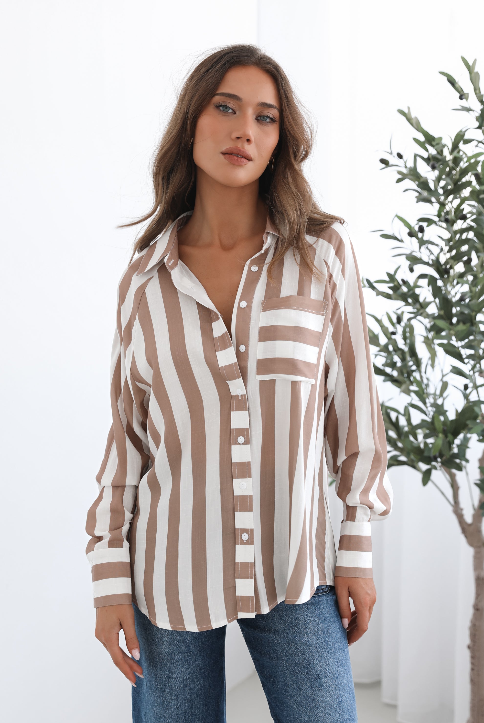 Alayah Shirt in Brown Stripe brown and white stripe women's shirt side view