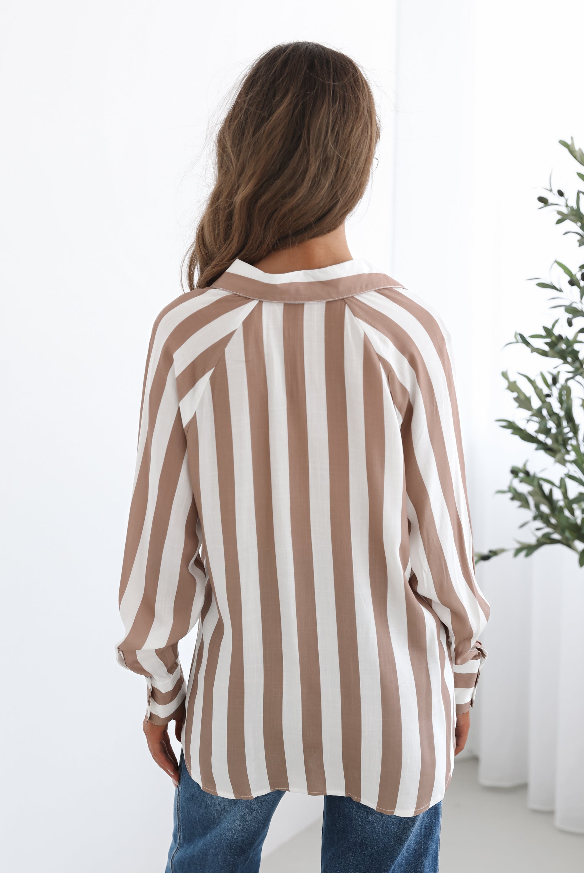 Alayah Shirt in Brown Stripe brown striped rayon shirt full length view