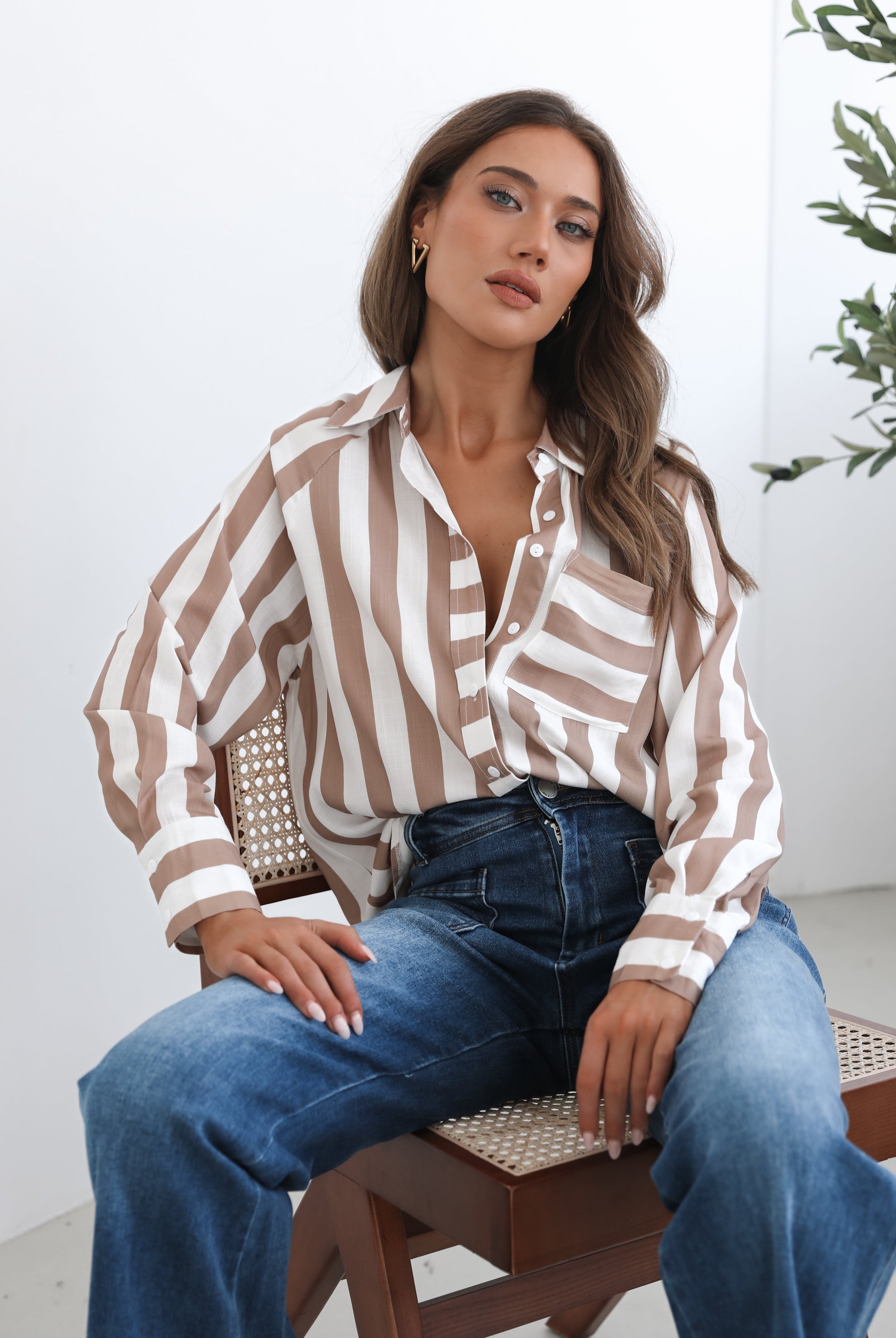 Alayah Shirt in Brown Stripe womens striped button-up shirt in brown and white front view