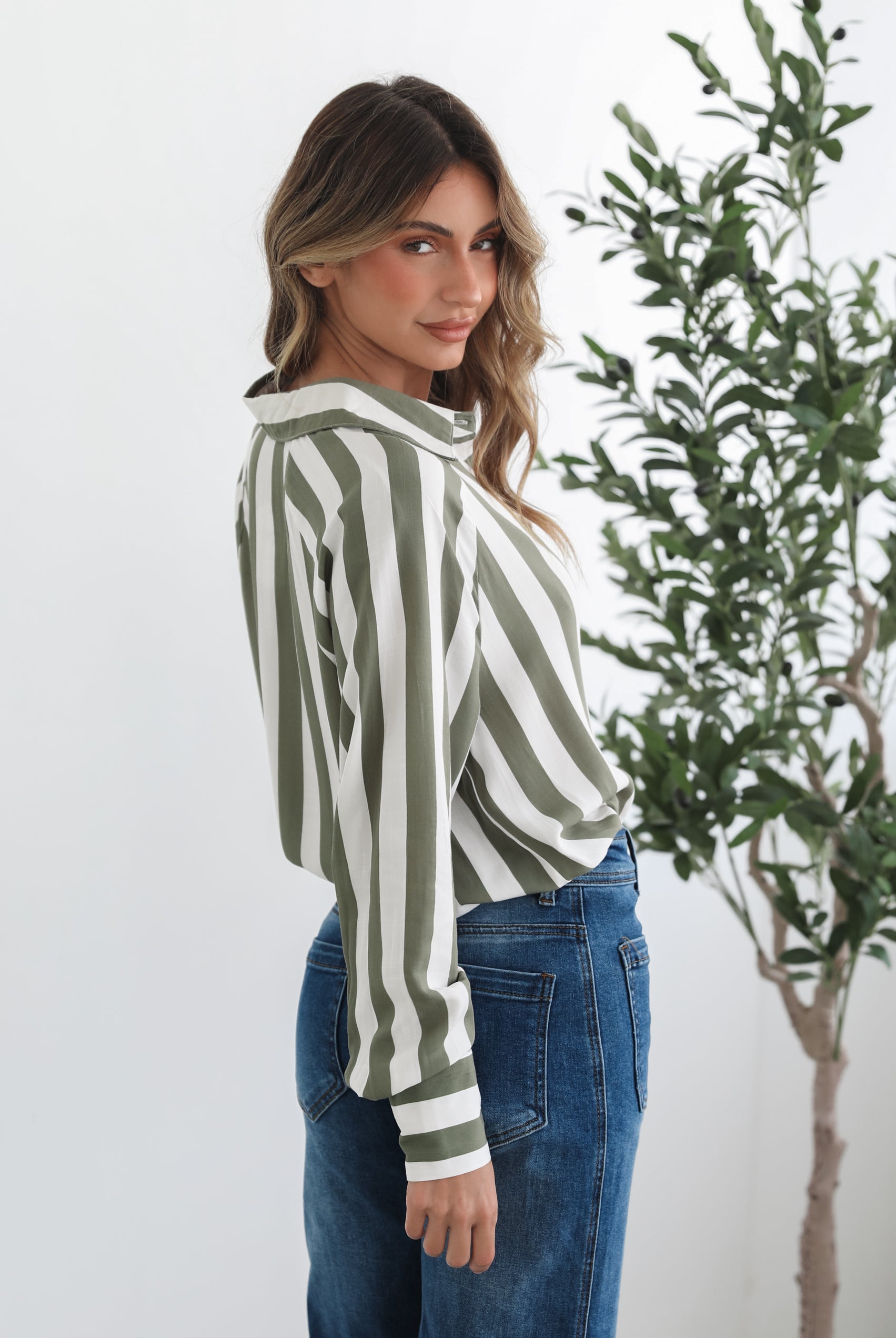 Alayah Shirt in Green Stripe green and white stripe women's shirt side view