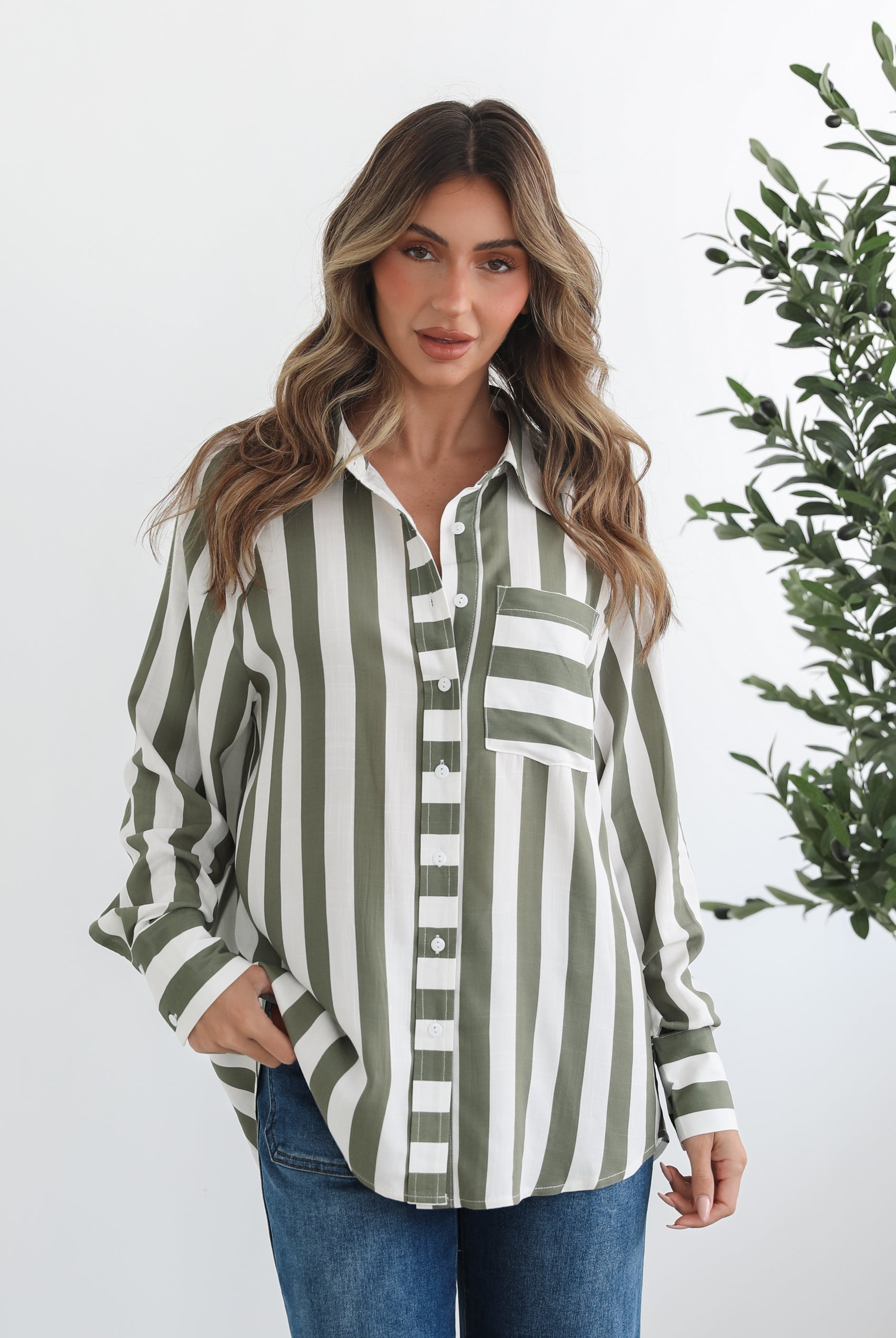Alayah Shirt in Green Stripe green and white striped rayon shirt full length view