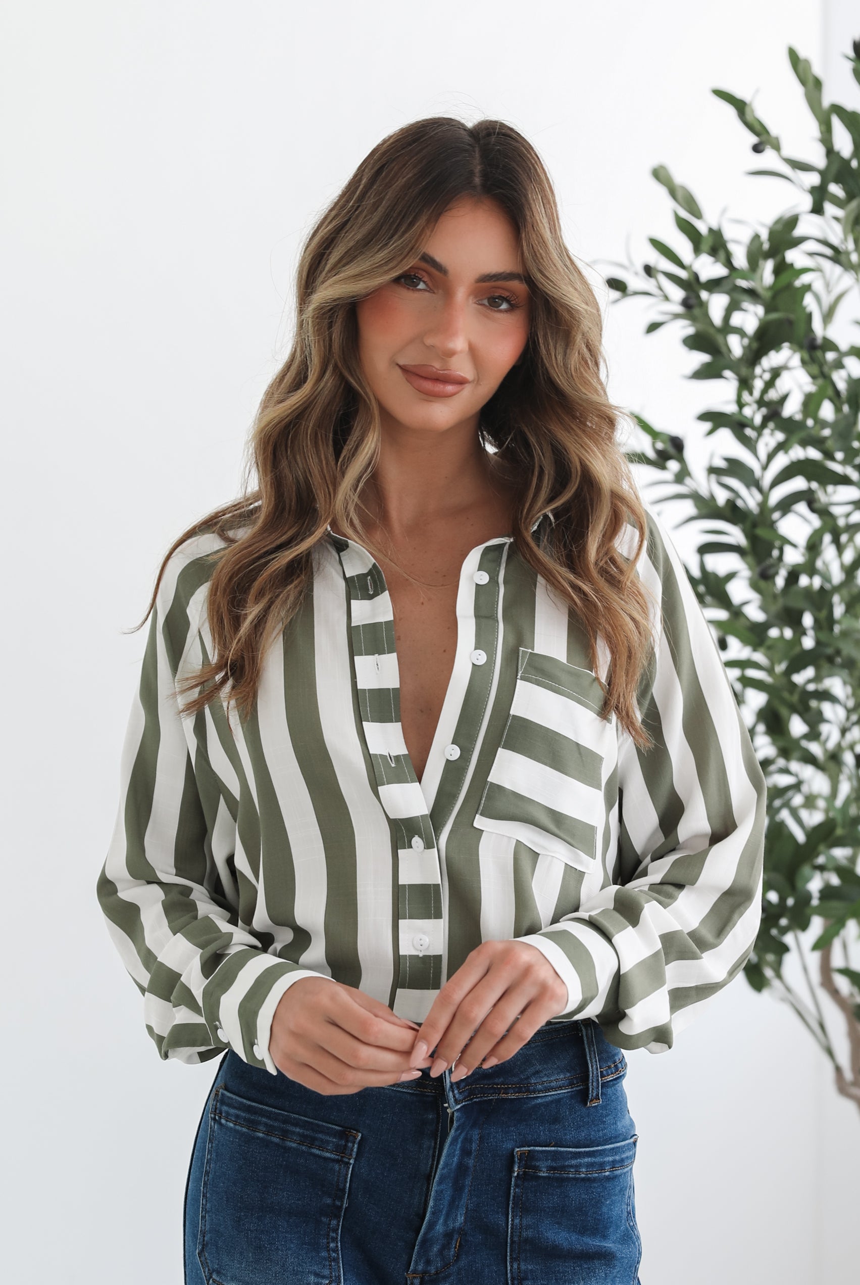 Alayah Shirt in Green Stripe womens green stripe shirt close up collar and button detail