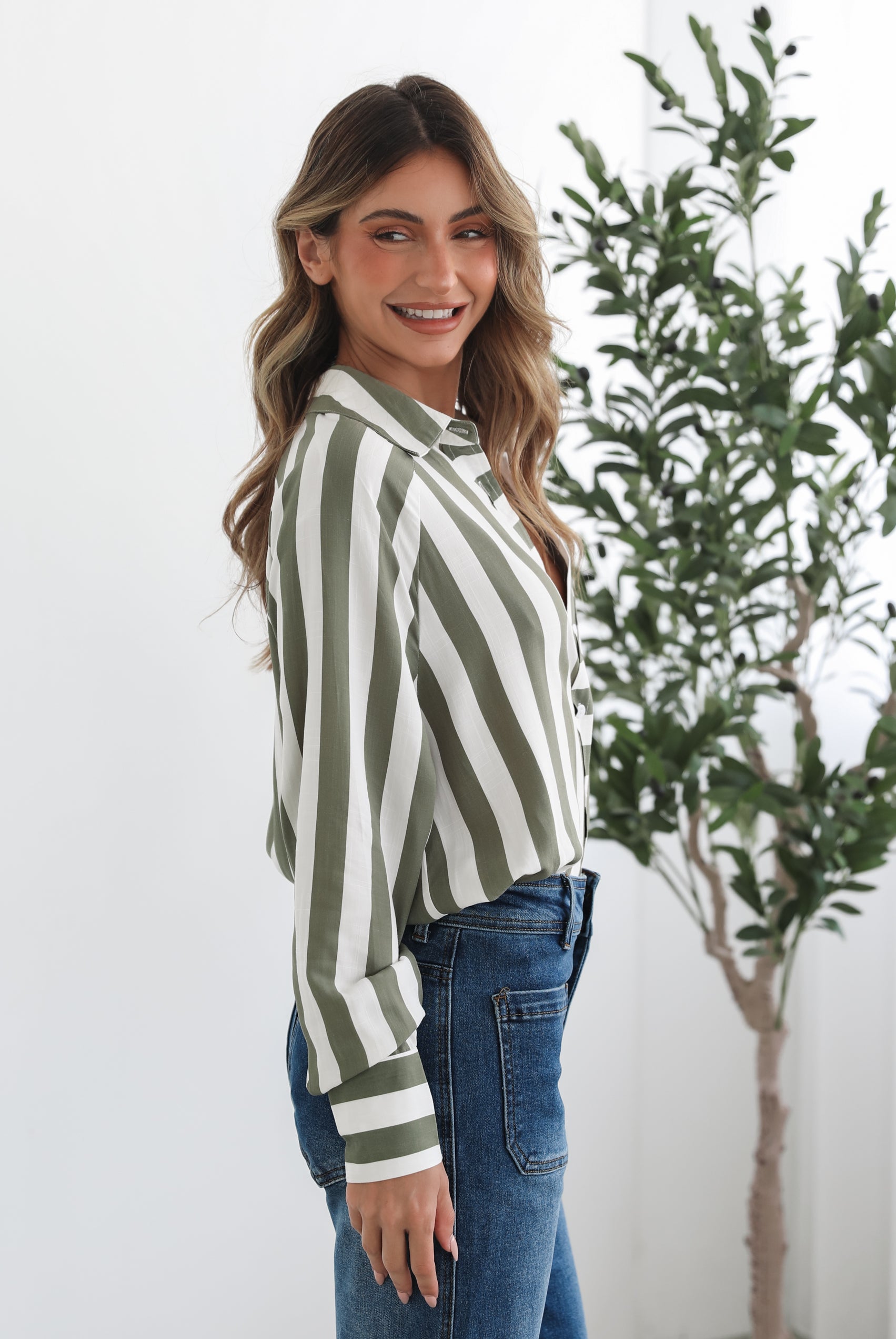 Alayah Shirt in Green Stripe green stripe womens button-up shirt back view