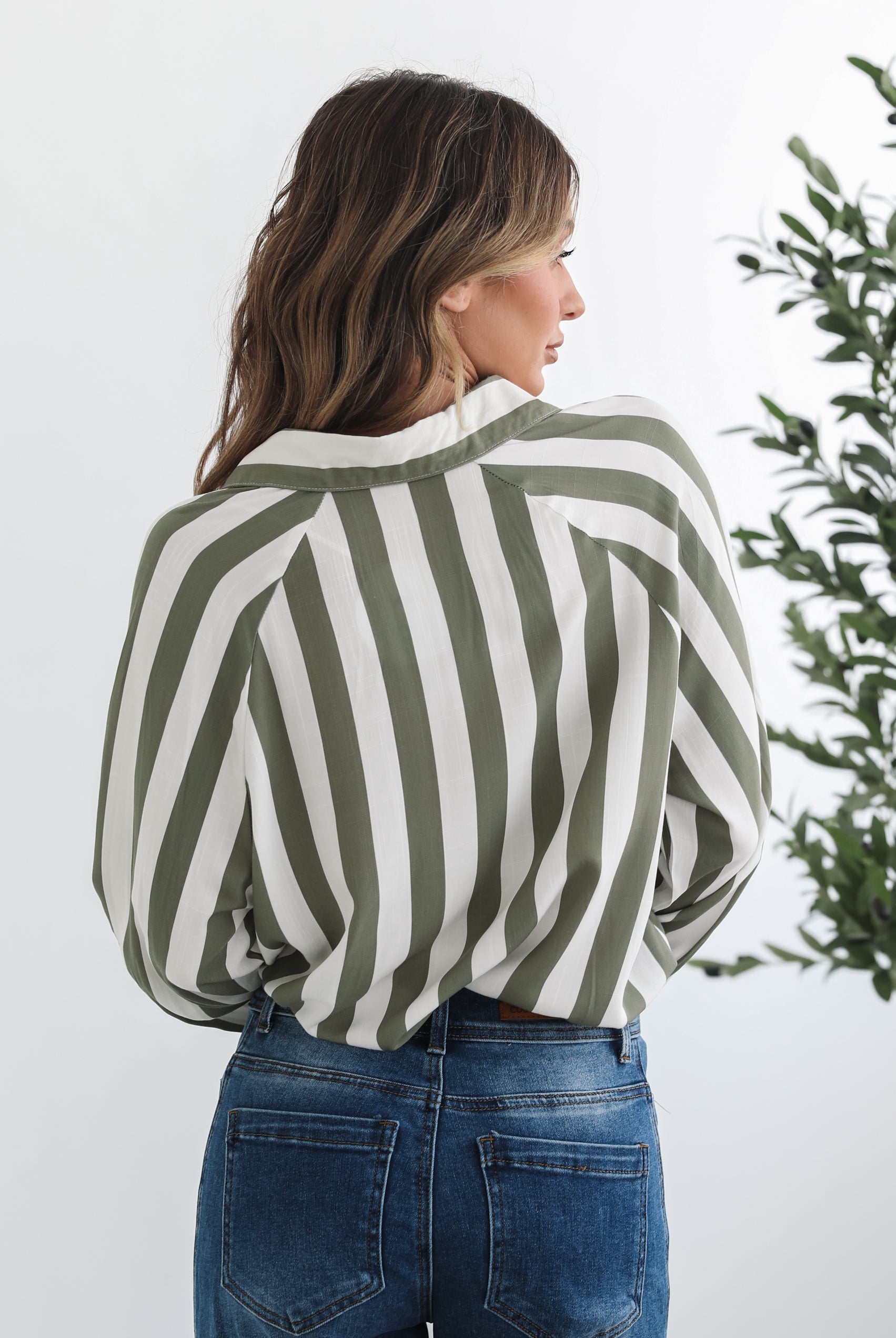 Alayah Shirt in Green Stripe womens green stripe button-up shirt styled outfit