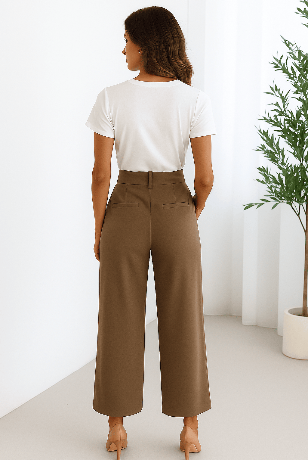 A woman wearing a white short-sleeve t-shirt tucked into high-waisted, wide-leg brown trousers with a waist tie belt, standing in a minimalistic room with light walls and a green plant in the background.