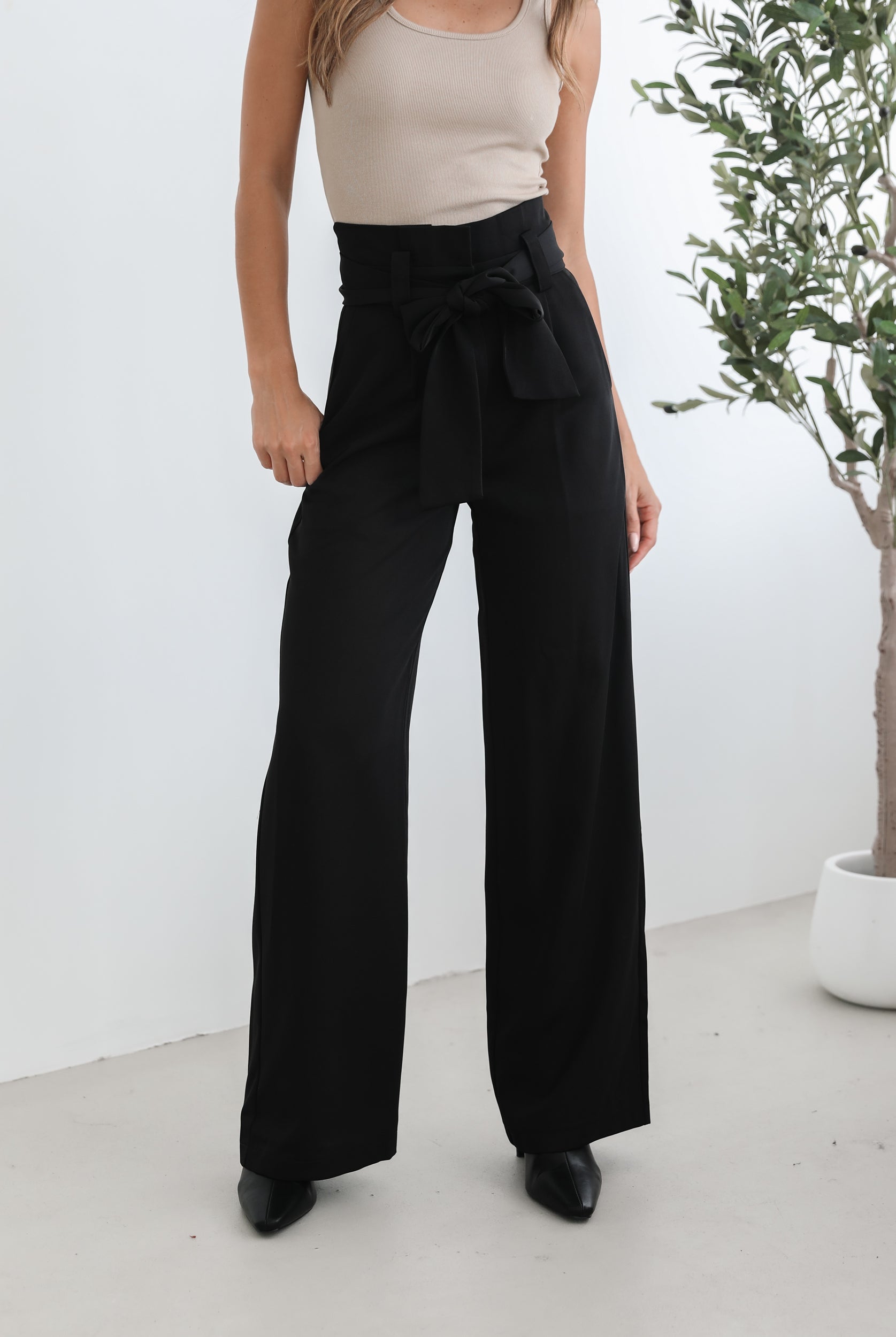 Alma Pants in Black womens wide leg trousers with paperbag high waist front view