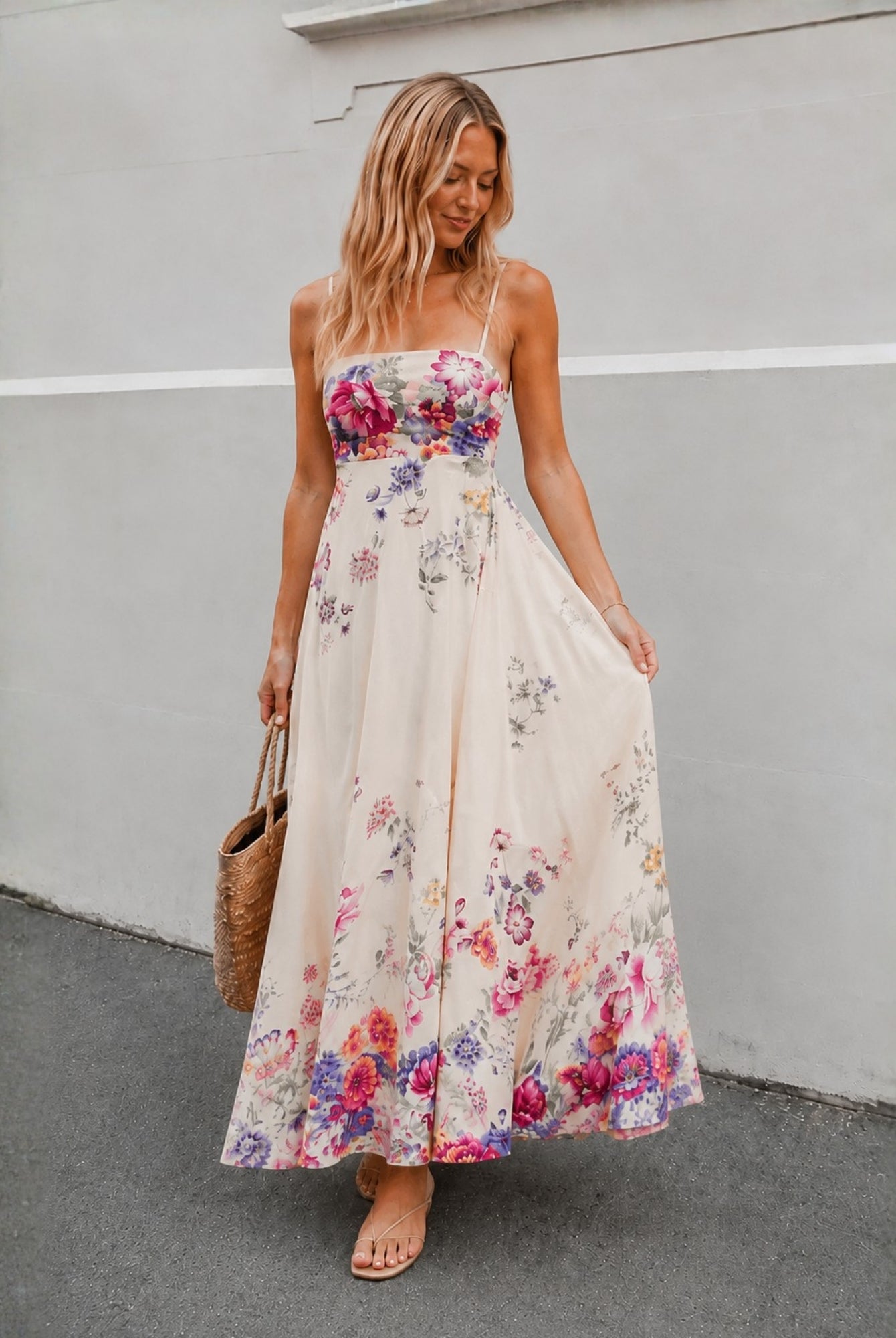 Women's cream square neck floral print maxi dress, the Alouette Dress in Pearl Bouquet by Esther & Co