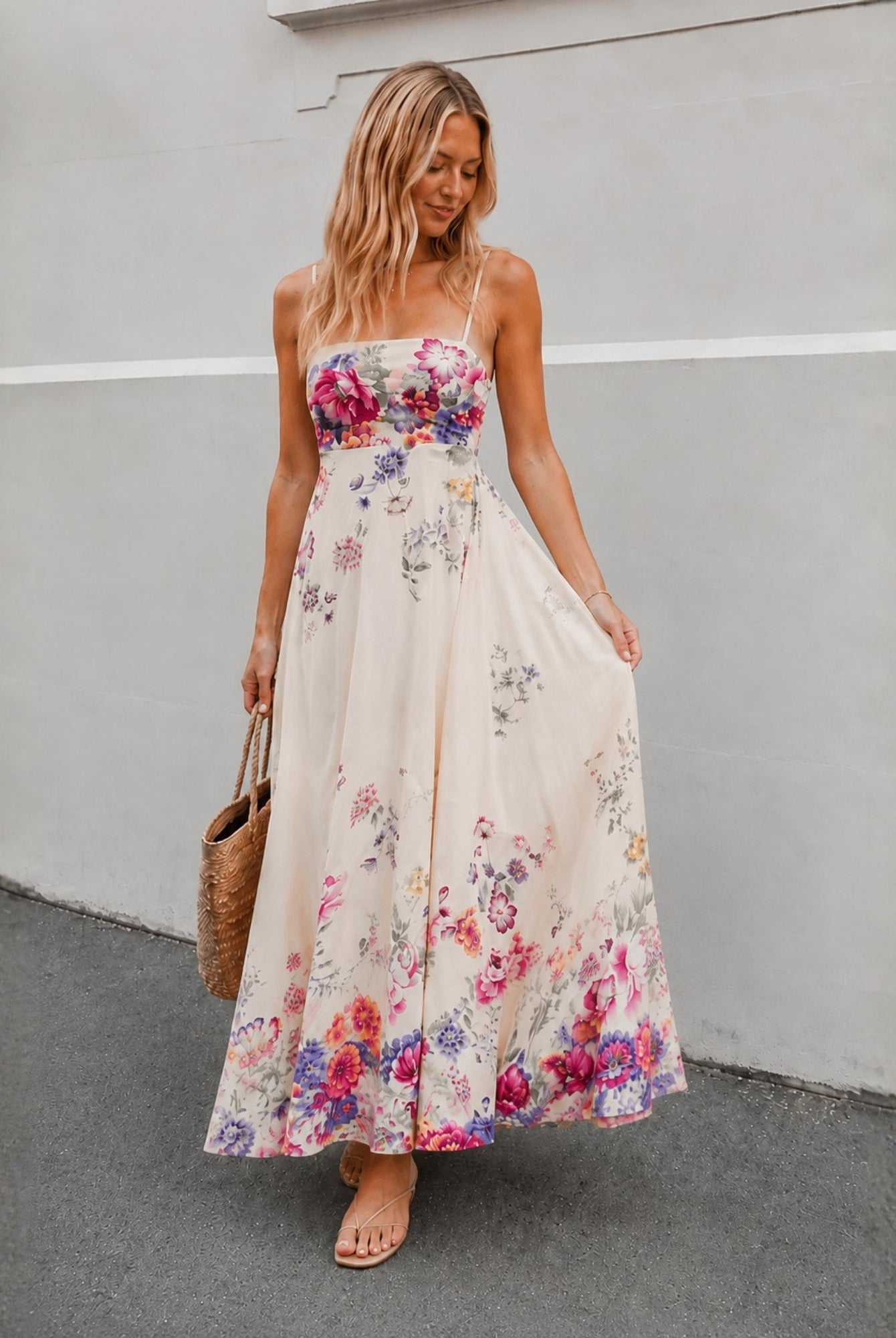 Women's cream and pink floral print maxi dress with a square neckline, the Alouette Dress in Pearl Bouquet by Esther & Co