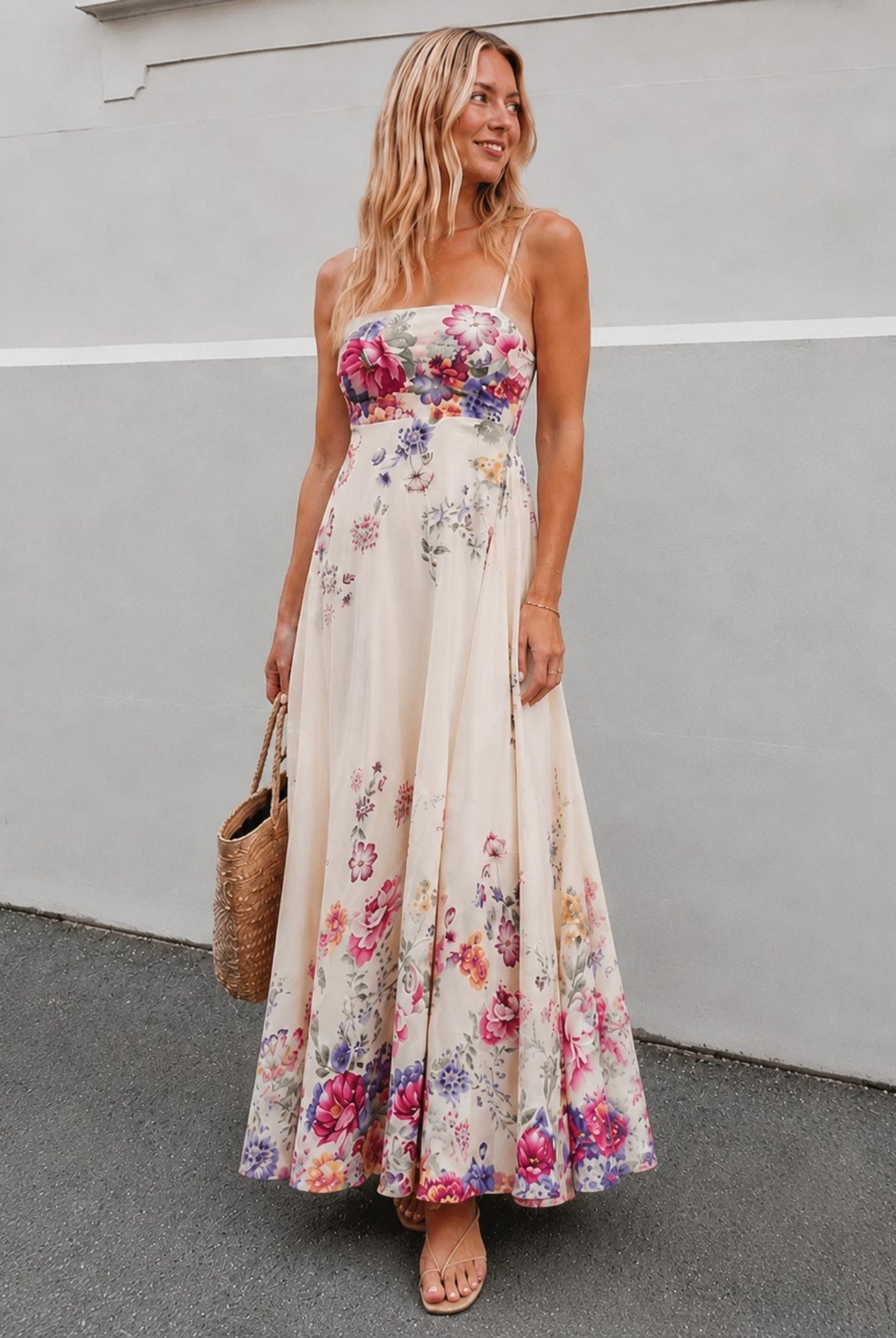Women's cream floral print maxi dress with a shirred back, the Alouette Dress in Pearl Bouquet by Esther & Co