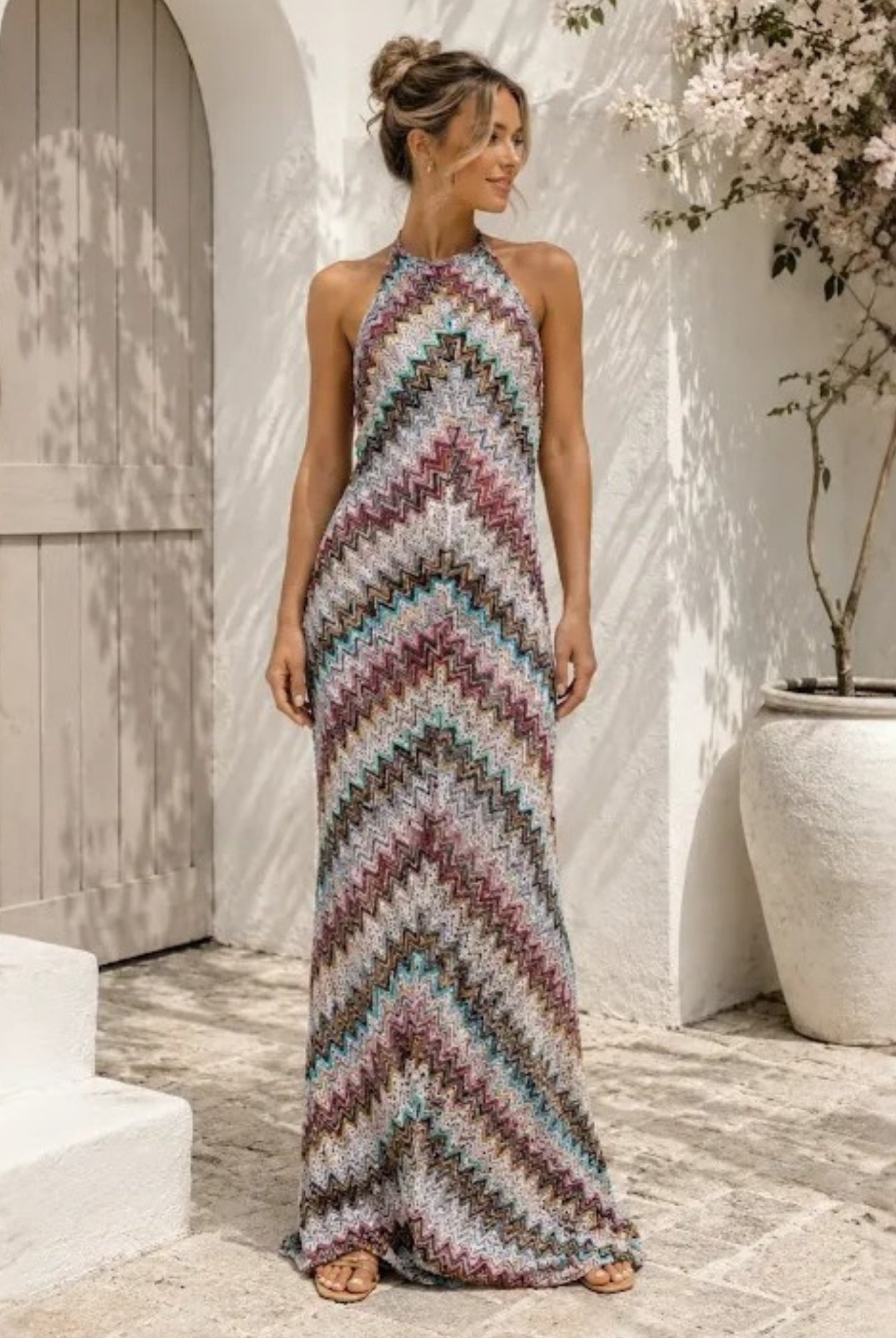 Women's cream halter neck knit maxi dress, the Amélie Dress in Dreamy Chevron by Esther & Co