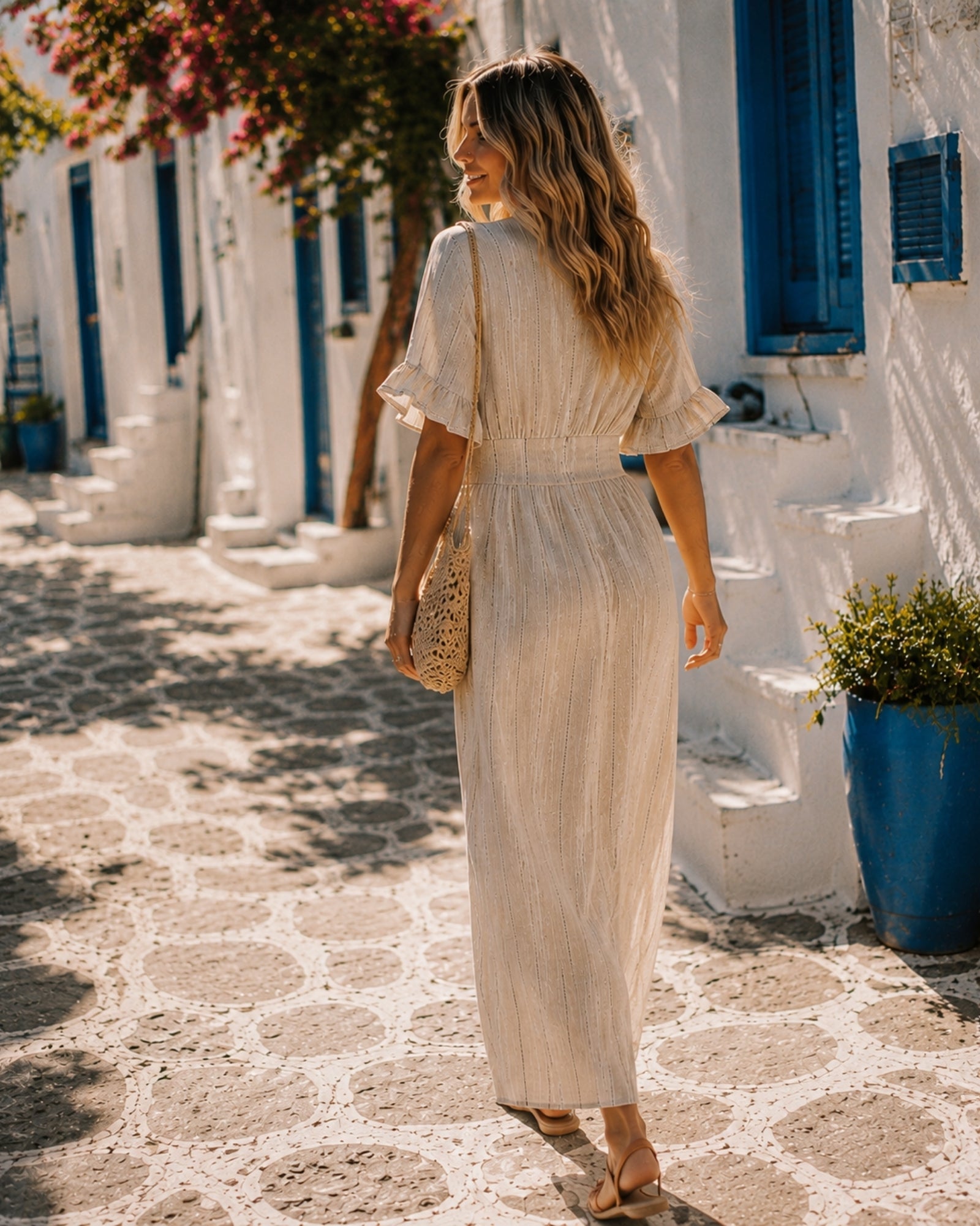 Women's oat stripe button front midi dress, the Analise Dress in Oat Stripe by Esther & Co