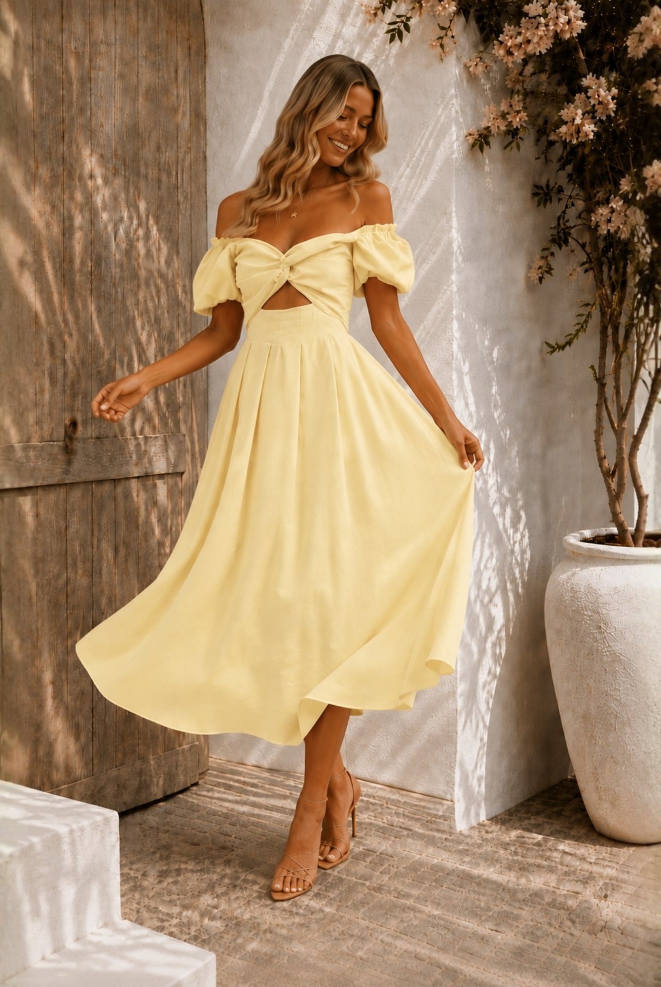 Women's butter cream off shoulder pleated midi dress, the Anvika Dress in Butter Cream by Esther & Co