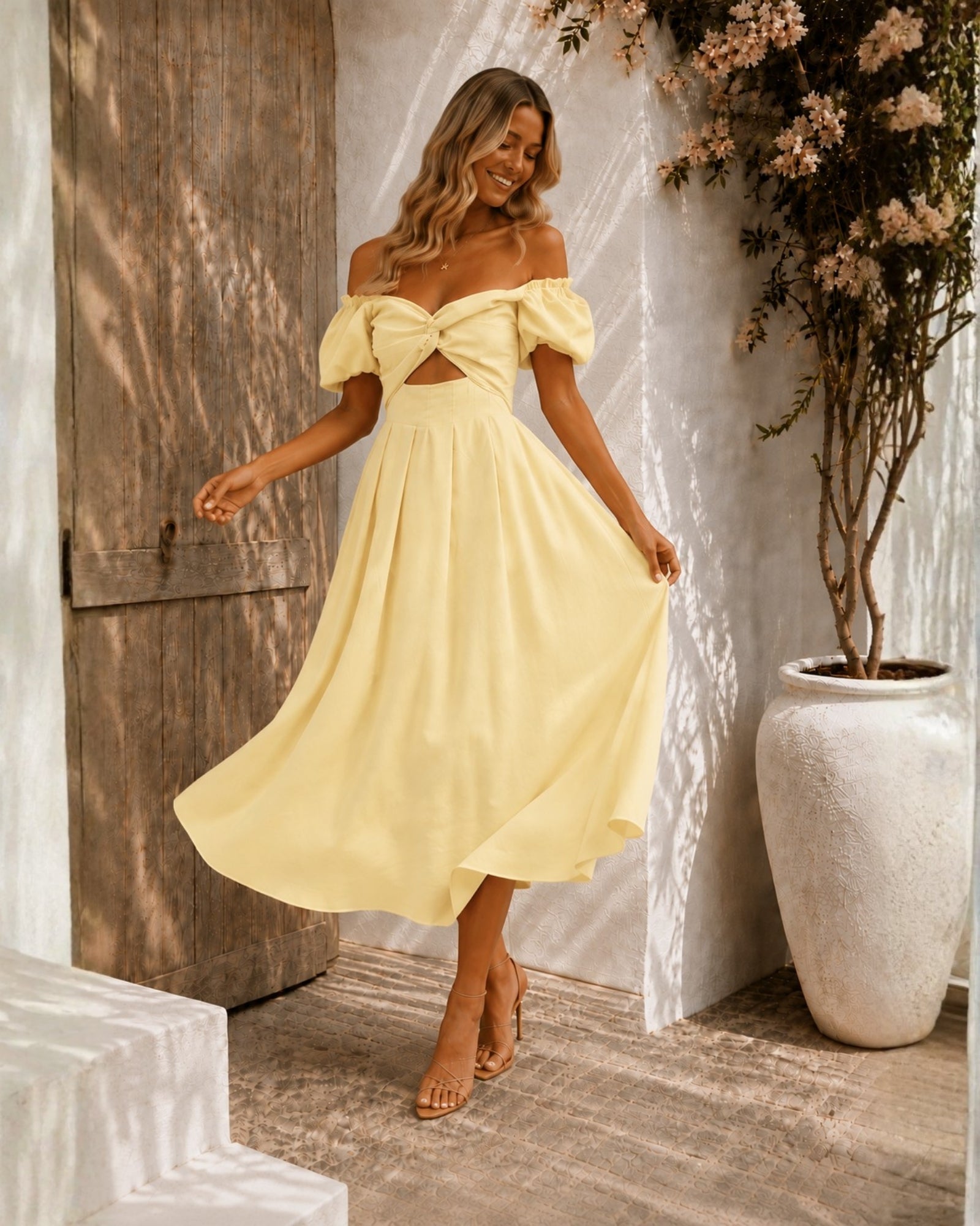 Women's butter cream off shoulder pleated midi dress, the Anvika Dress in Butter Cream by Esther & Co