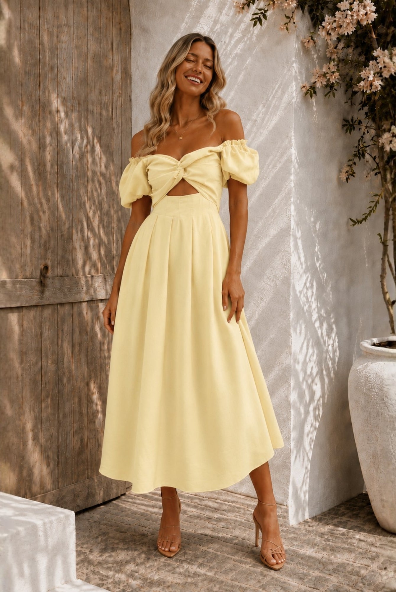 Women's butter cream off shoulder pleated midi dress, the Anvika Dress in Butter Cream by Esther & Co