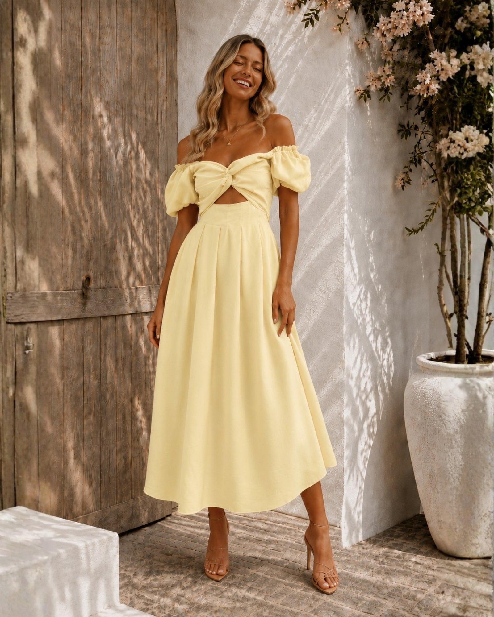 Women's butter cream off shoulder pleated midi dress, the Anvika Dress in Butter Cream by Esther & Co