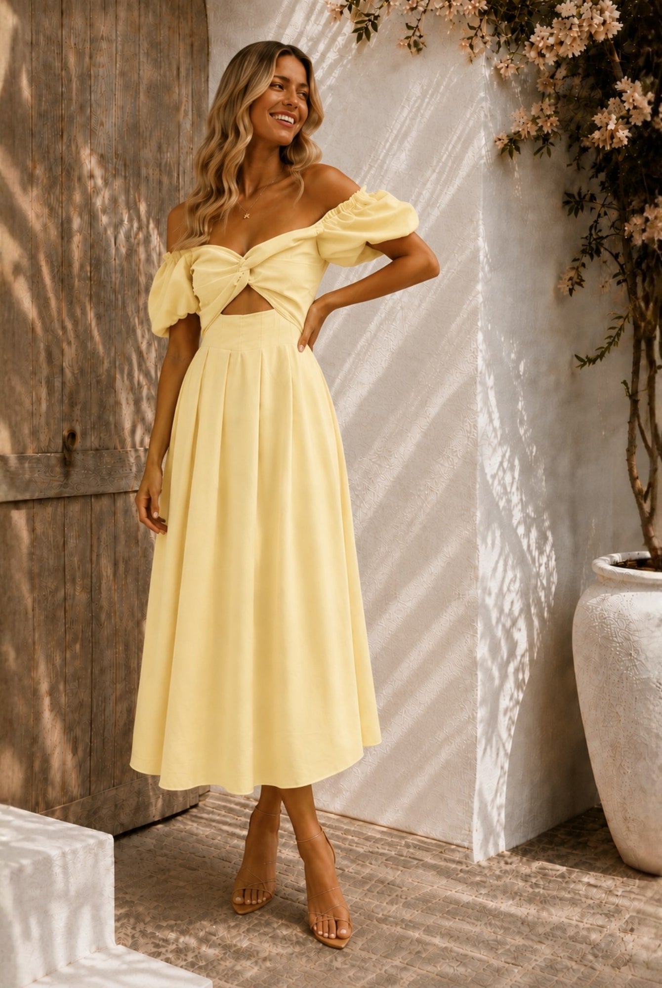 Women's butter cream off shoulder pleated midi dress, the Anvika Dress in Butter Cream by Esther & Co