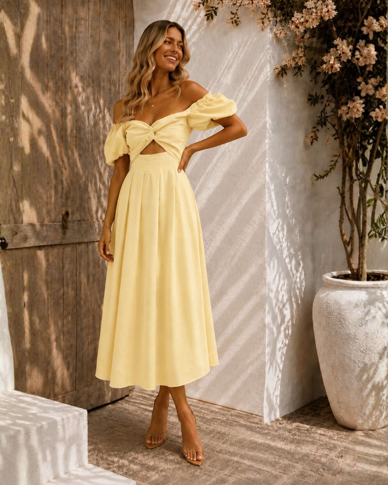 Women's butter cream off shoulder pleated midi dress, the Anvika Dress in Butter Cream by Esther & Co