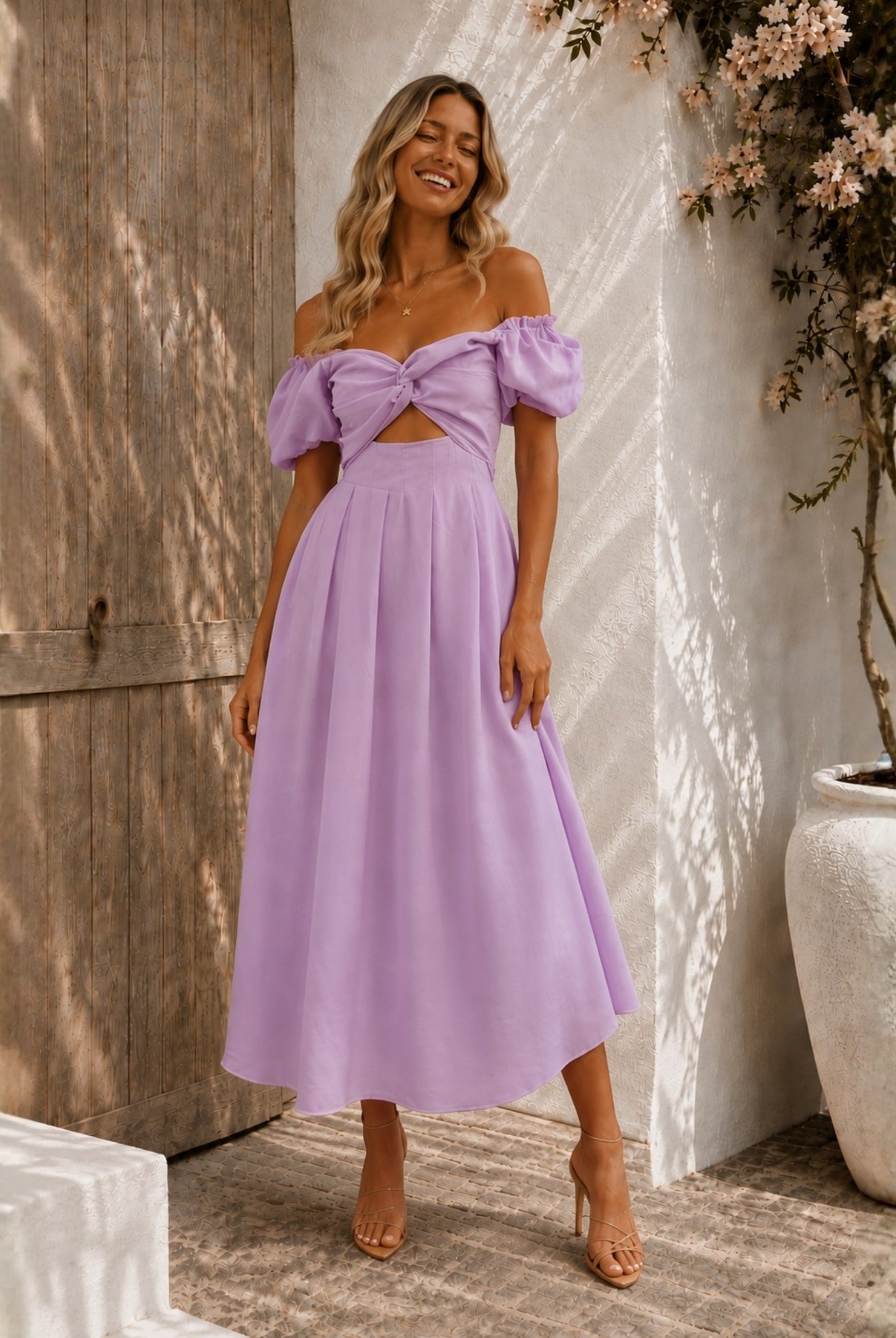 Women's lilac off shoulder pleated midi dress, the Anvika Dress in Lilac by Esther & Co