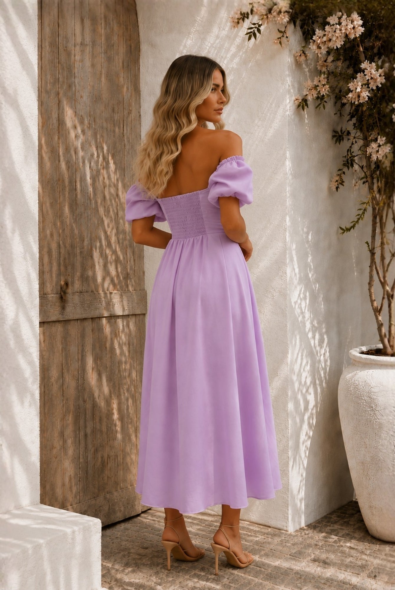 Women's lilac off shoulder pleated midi dress, the Anvika Dress in Lilac by Esther & Co
