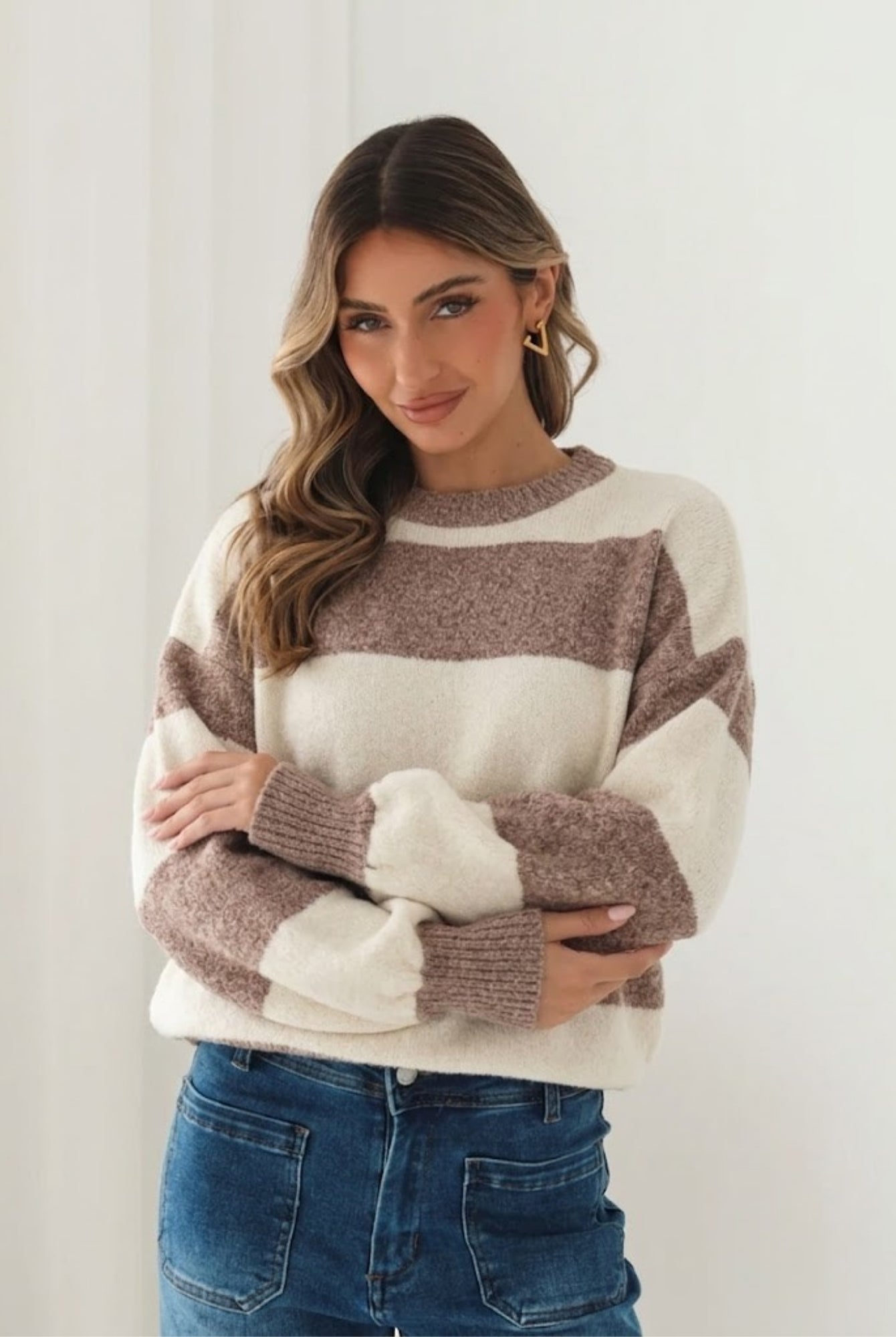 Arliss Knit in Ivory Stripe womens ivory stripe relaxed knit styled outfit