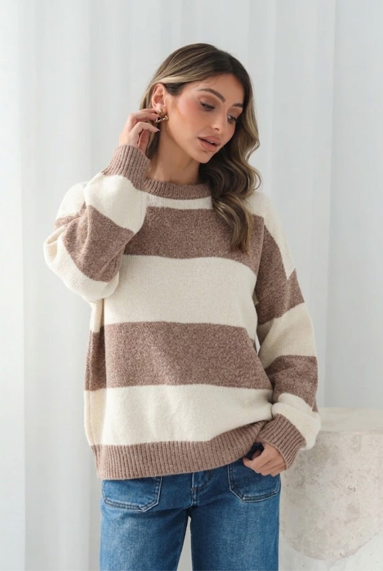 Arliss Knit in Ivory Stripe womens ivory stripe knit jumper close up detail