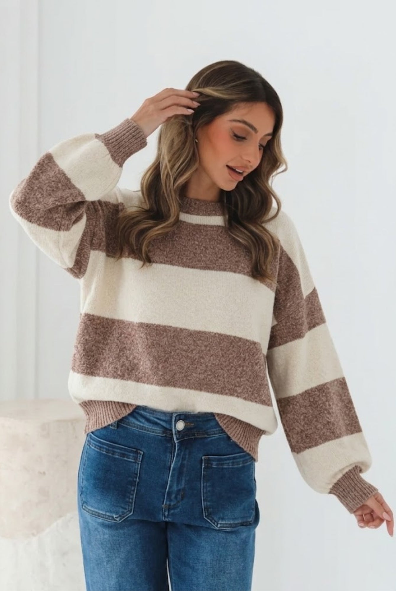 Arliss Knit in Ivory Stripe ivory and cocoa horizontal stripe knit with voluminous sleeves side view
