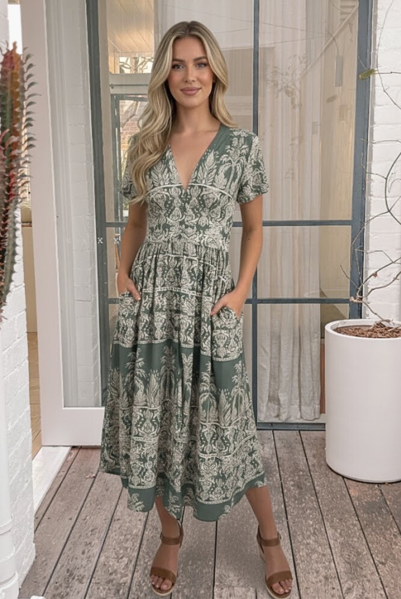 Women's green print midi dress, the Armenia Dress in Green Print by Esther & Co
