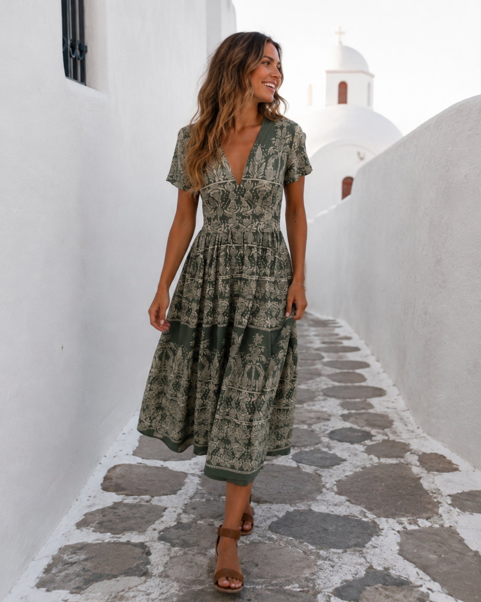Women's green print midi dress, the Armenia Dress in Green Print by Esther & Co