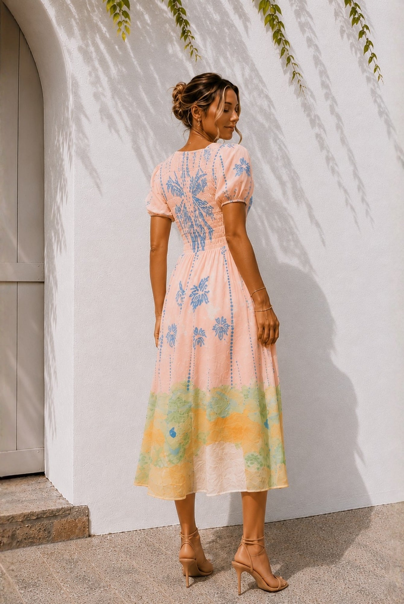 Women's pastel pink round neck embroidered midi dress, the Aseana Dress in Island Dream by Esther & Co