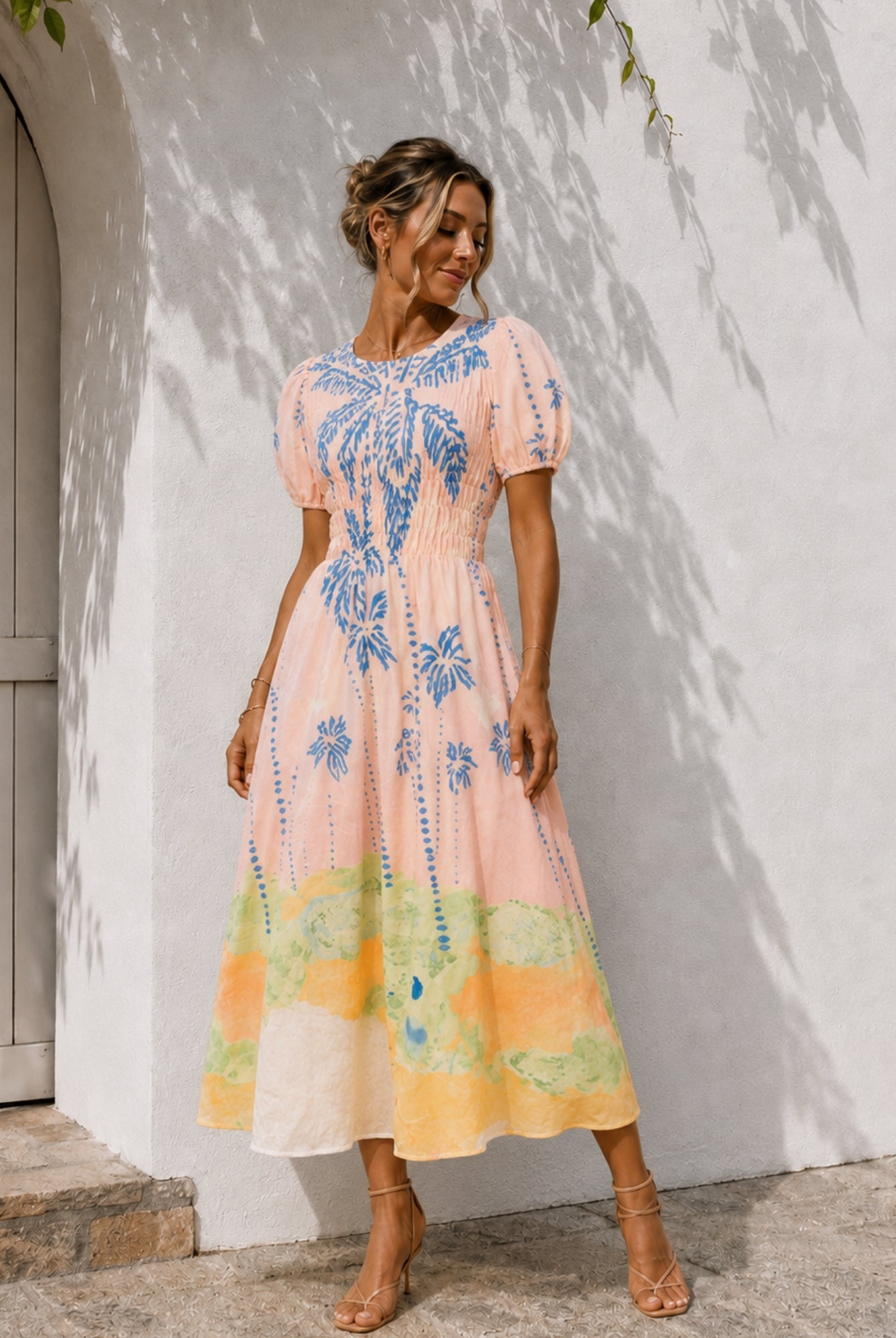Women's pastel pink round neck embroidered midi dress, the Aseana Dress in Island Dream by Esther & Co