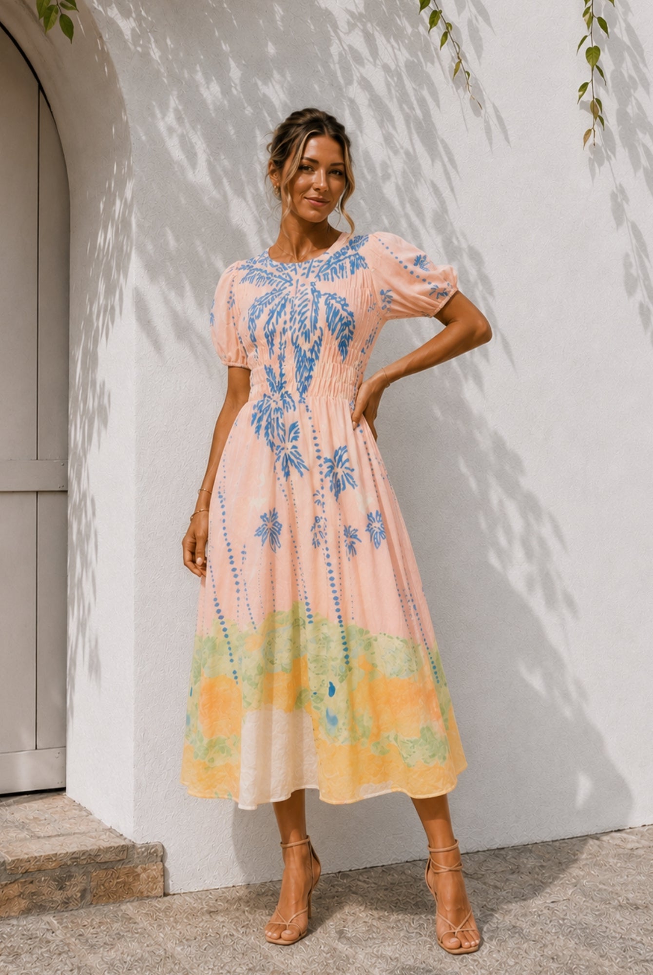 Women's pastel pink embroidered midi dress with border hem detail, the Aseana Dress in Island Dream by Esther & Co