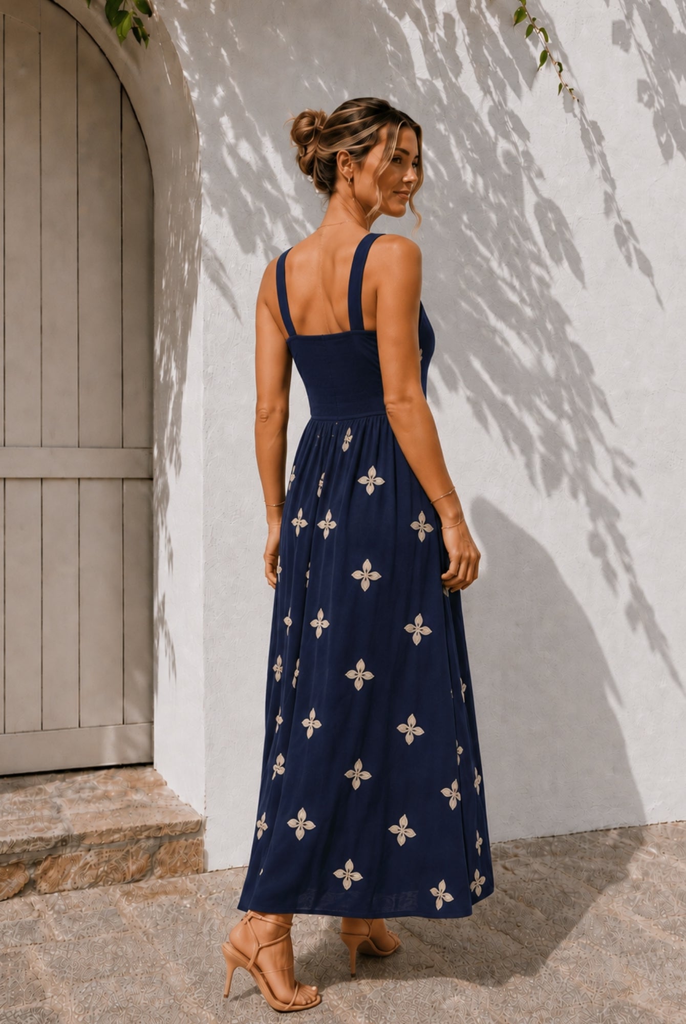 Women's navy floral print maxi dress, the Atasha Dress in Navy Print by Esther & Co