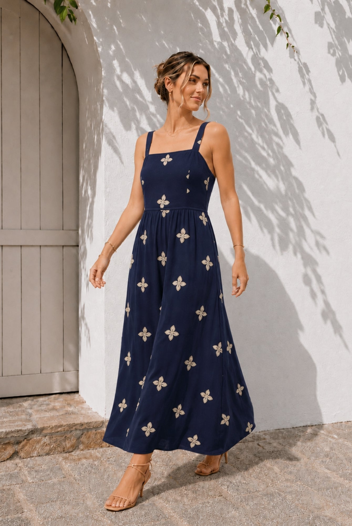 Women's navy print maxi dress side view by Esther & Co