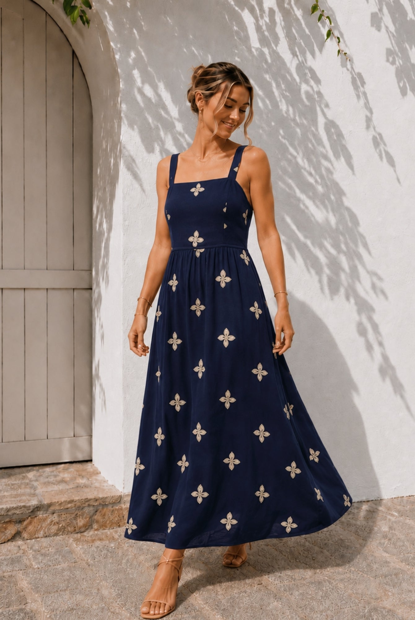 Women's navy floral maxi dress styled outfit by Esther & Co