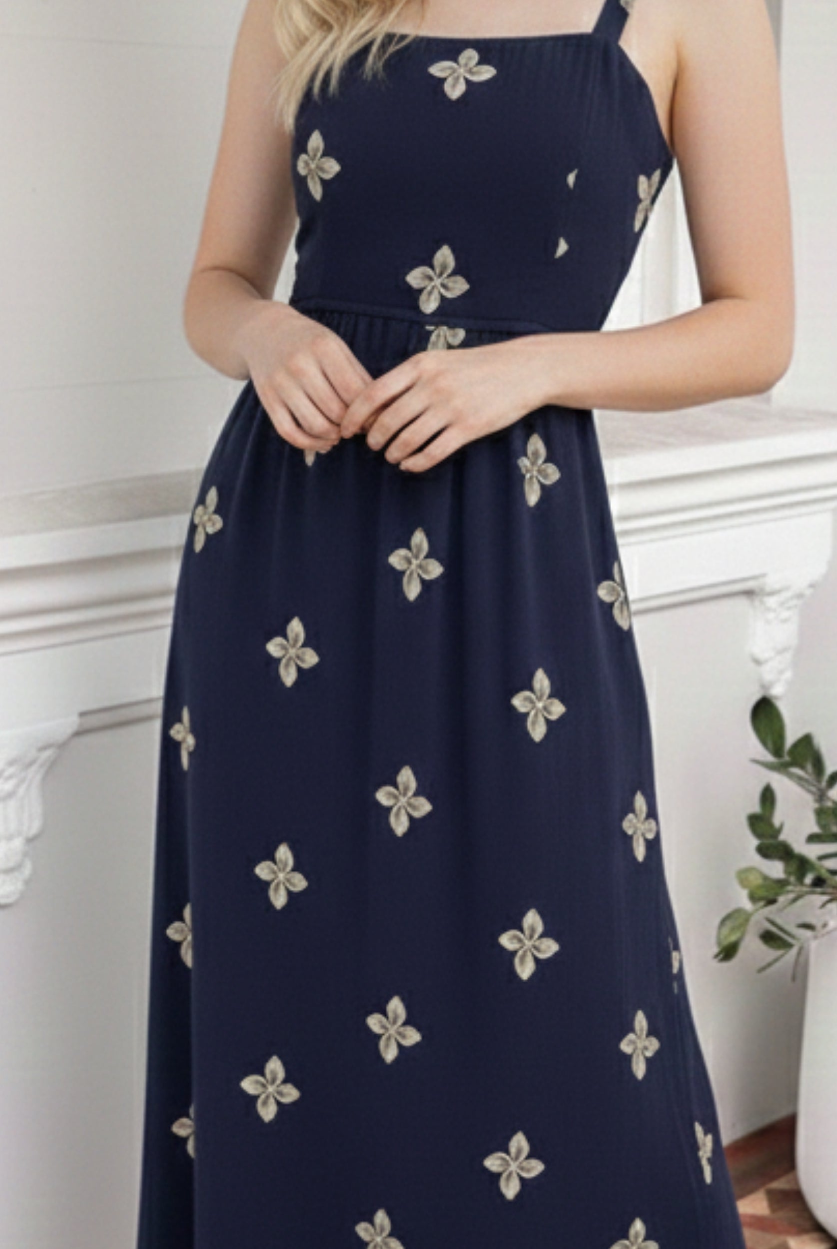 Women's navy floral maxi dress styled outfit by Esther & Co