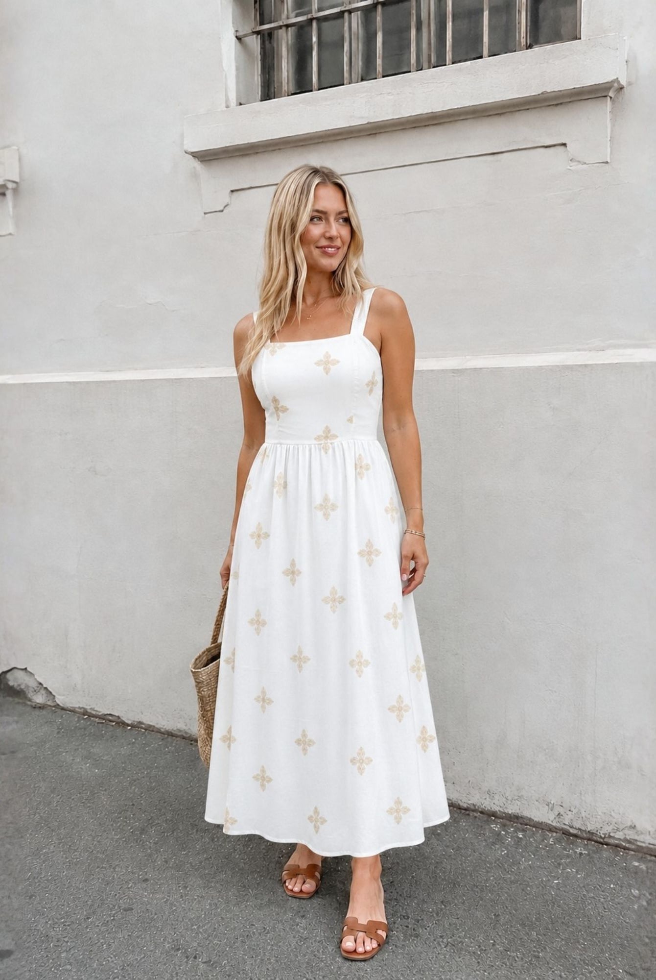 Women's white floral maxi dress front view by Esther & Co
